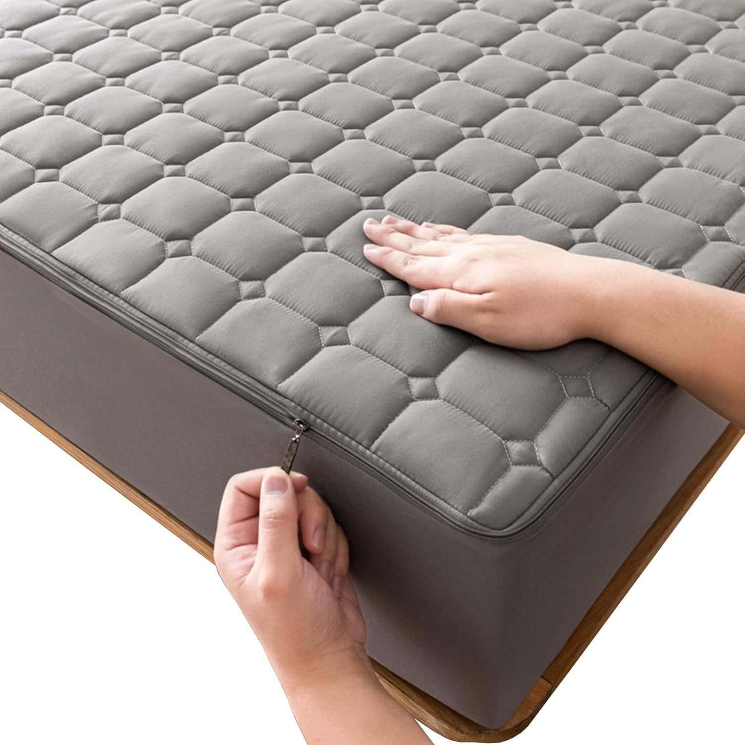 Housse de Matelas avec Fermeture éclair, Protège-Matelas Respirant Lavable Matelas Integral Matelassé Drap-Housses(Gris,80x200x12cm)