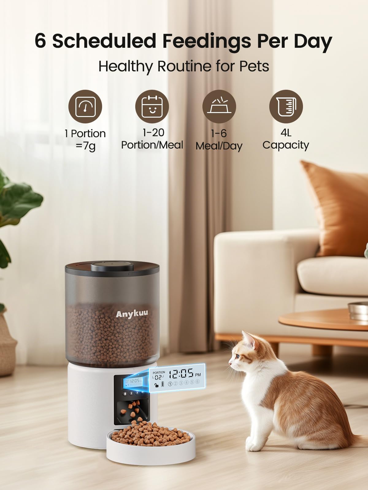 Distributore Automatico Cibo Gatti 4L Dispenser Crocchette Gatto Con Timer Programmabile e 10S Registrazione Distributore Cibo Gatti 1-6 Pasti al Giorno per Animali di Piccola e Media Taglia