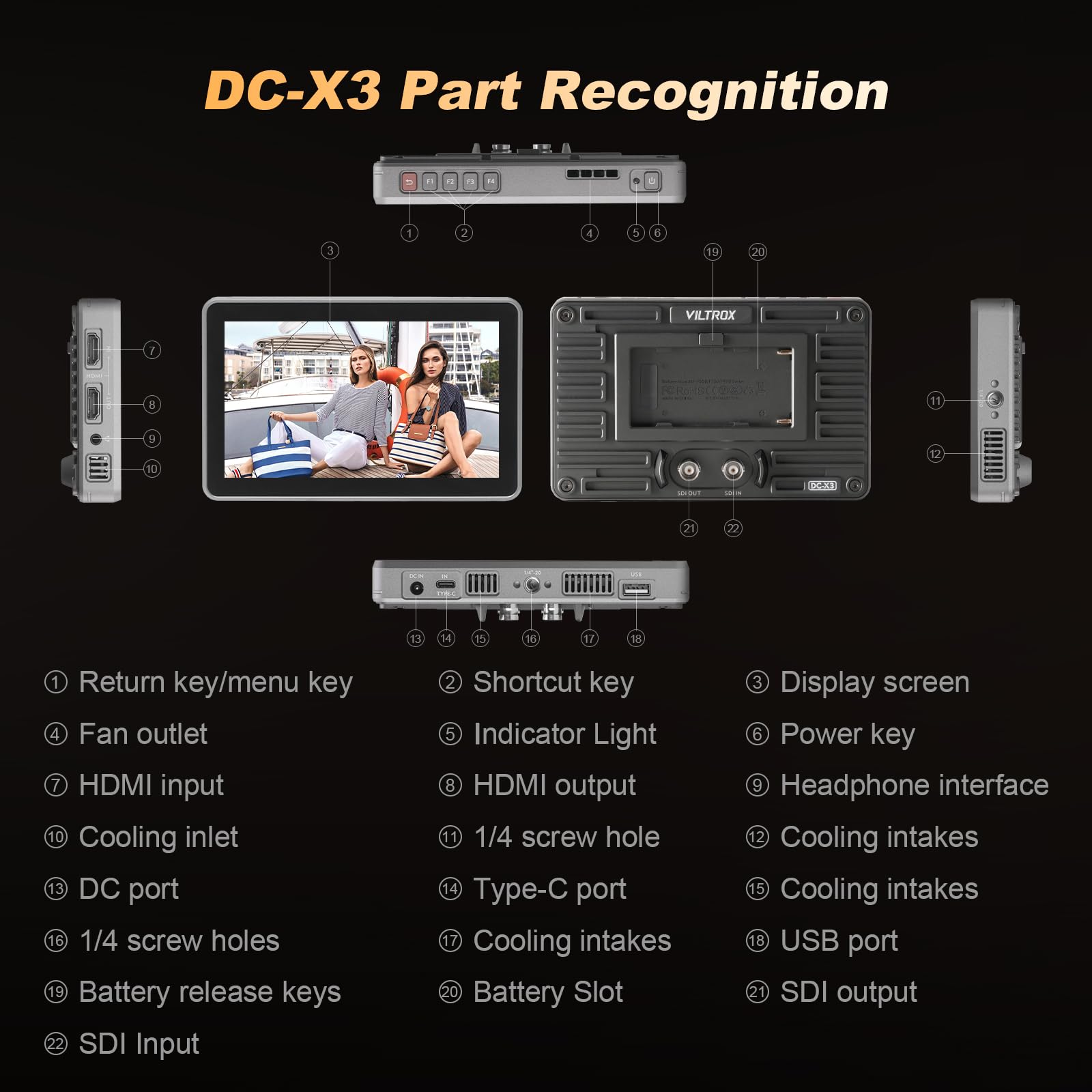 VILTROX DC-X3 DCX3 External Camera Field Monitor 4K para Cámara 6 Pulgadas 2000Nit HD Monitor Camera HDMI/3G-SDI,Full HD 1920x1080 IPS,3D LUT con Batería,Parasol para Cámaras DSLR Sony Canon Nikon