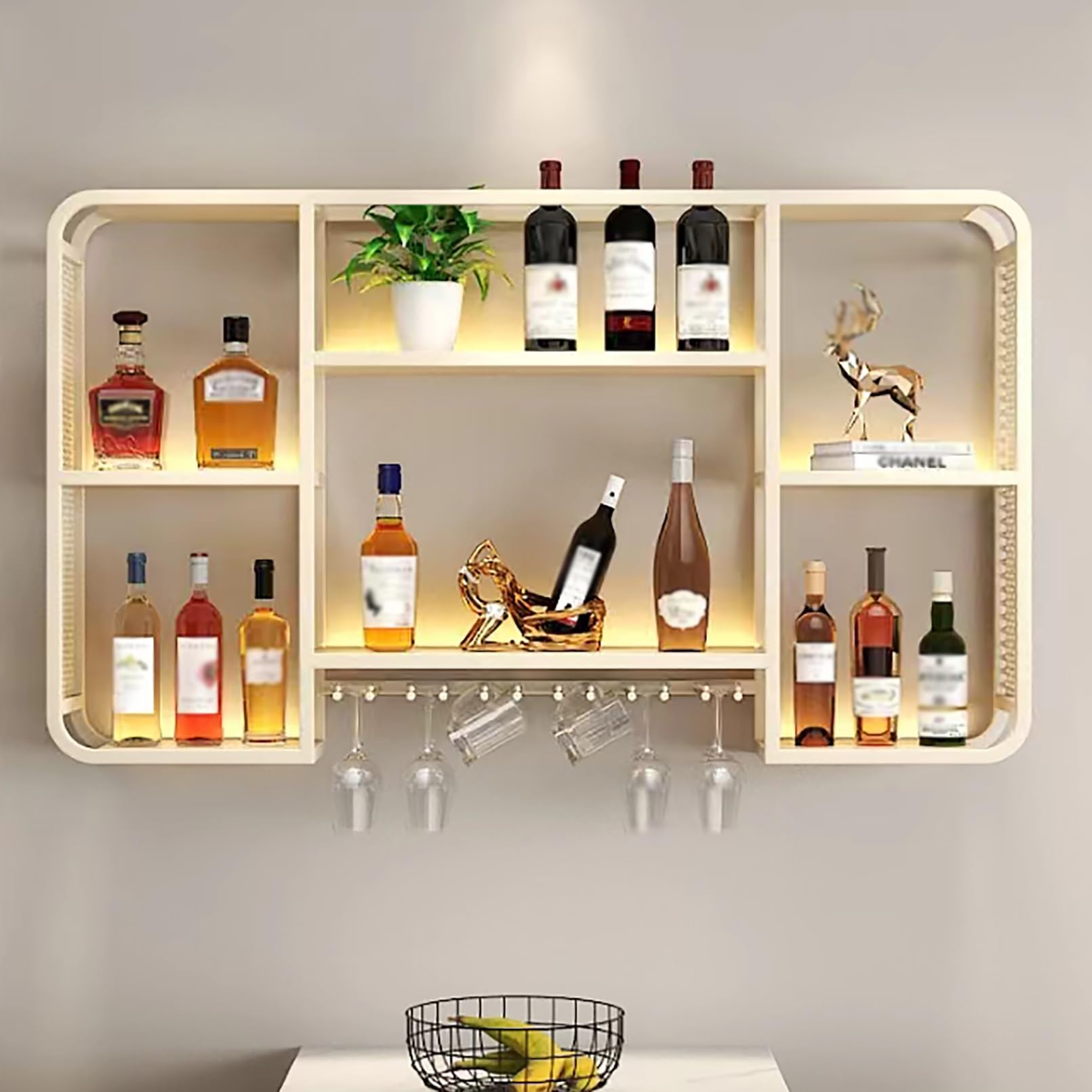 Casier à vin mural métallique haut de gamme avec vitrine LED flottante