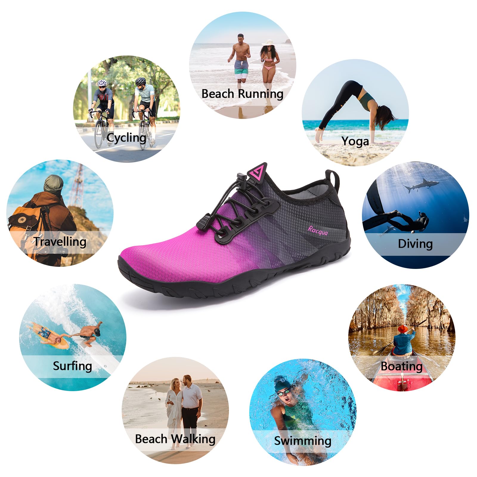 Racqua Womens Water Shoes Barefoot Quick Dry Aqua Shoes Lightweight Sports Beach Swim Shoes Kayak Diving Gradient Shoes Rose/Black 6 Women/5 Men