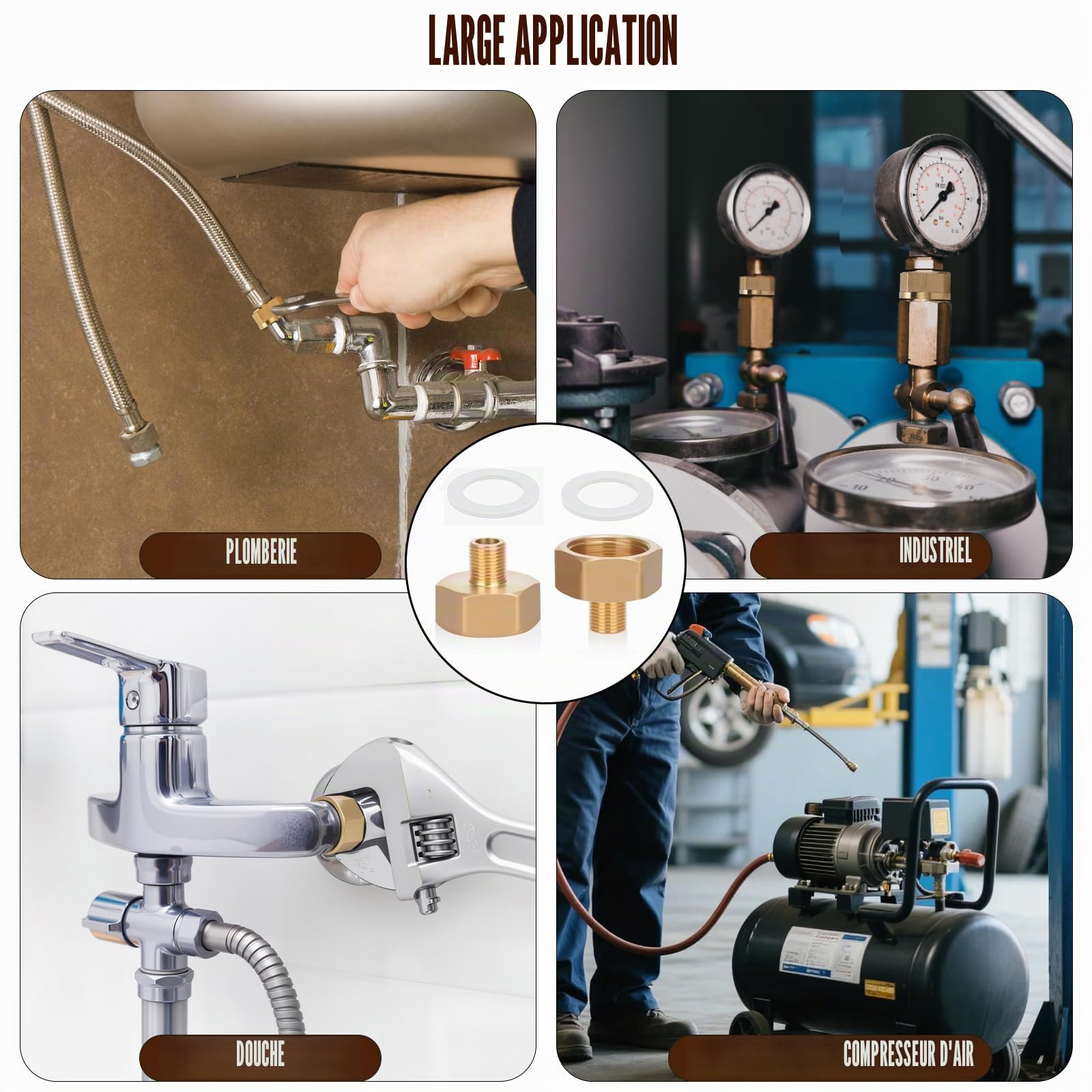 Lot de 2 adaptateurs réducteurs en laiton AG/IG 1/8" mâle vers 1/2" femelle | Convertisseur de connexion de tuyau durable avec joint en caoutchouc pour systèmes eau/gaz/liquide