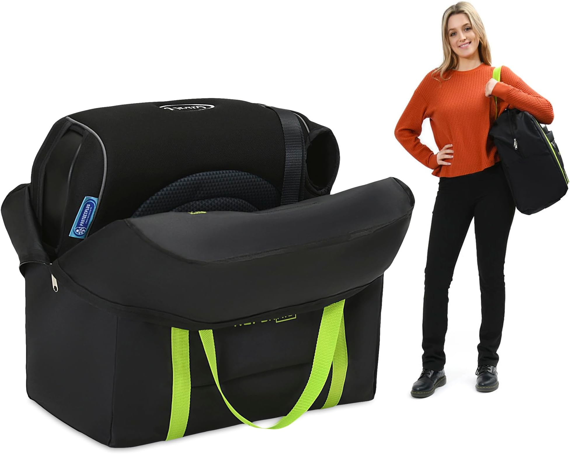 Reperkid Booster Seat Travel Bag for Airplane, Black and Green, 17" H x 16.5" W x 9.5" D, Compatible with Gb Pockit Stroller & Most Boostersโ Premium Waterproof Cover, Hand Bag Design, Durable Zipper