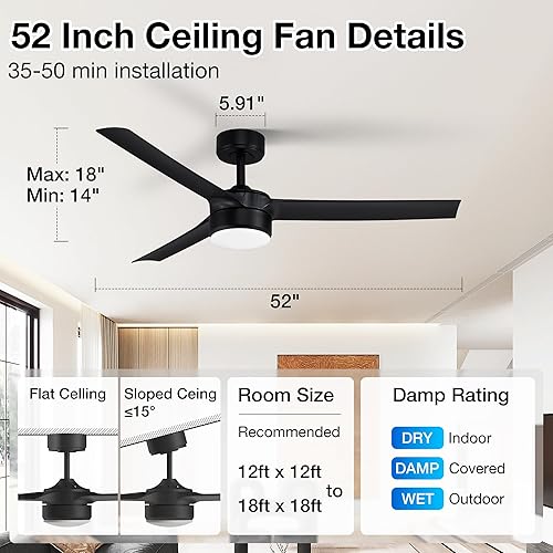 Miniatura 2 de cumilo Ventiladores de techo inteligentes de 52 pulgadas con luz y control remoto, luces LED regulables, motor de CC silencioso, control a través de