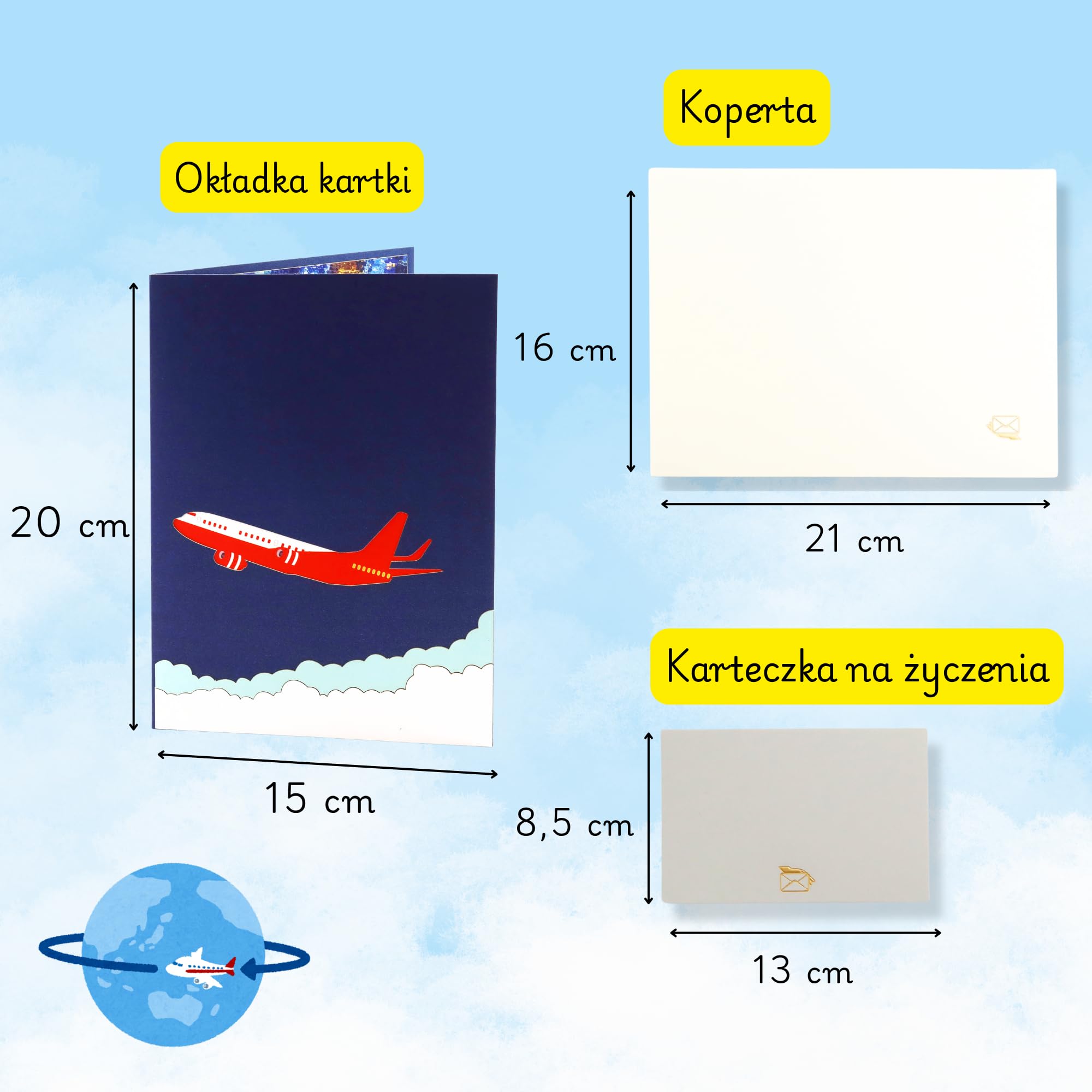Kartka pop-up 3D z motywem samolotu – bon podróżny, kartka pożegnalna typu pop-up dla kolegów, przyjaciół i rodziny, kartka z życzeniami z urlopu i przygody, kartka urodzinowa z kopertą