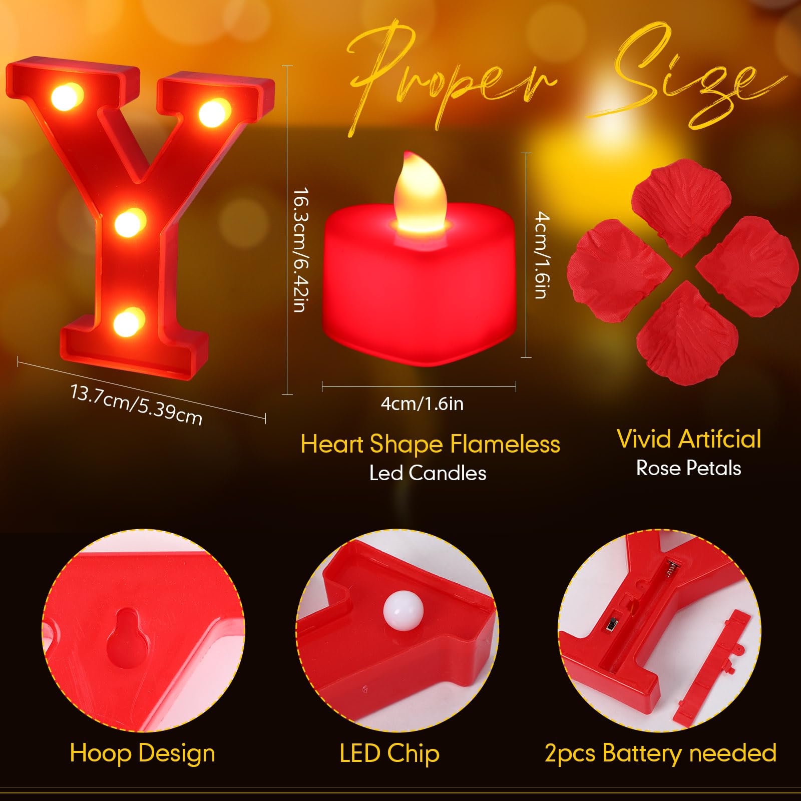 Lettres lumineuses « I Love You » avec 24 bougies LED sans flamme en forme de cœur - 2 000 faux pétales de rose - Décorations romantiques et spéciales pour la Saint-Valentin, un mariage, des