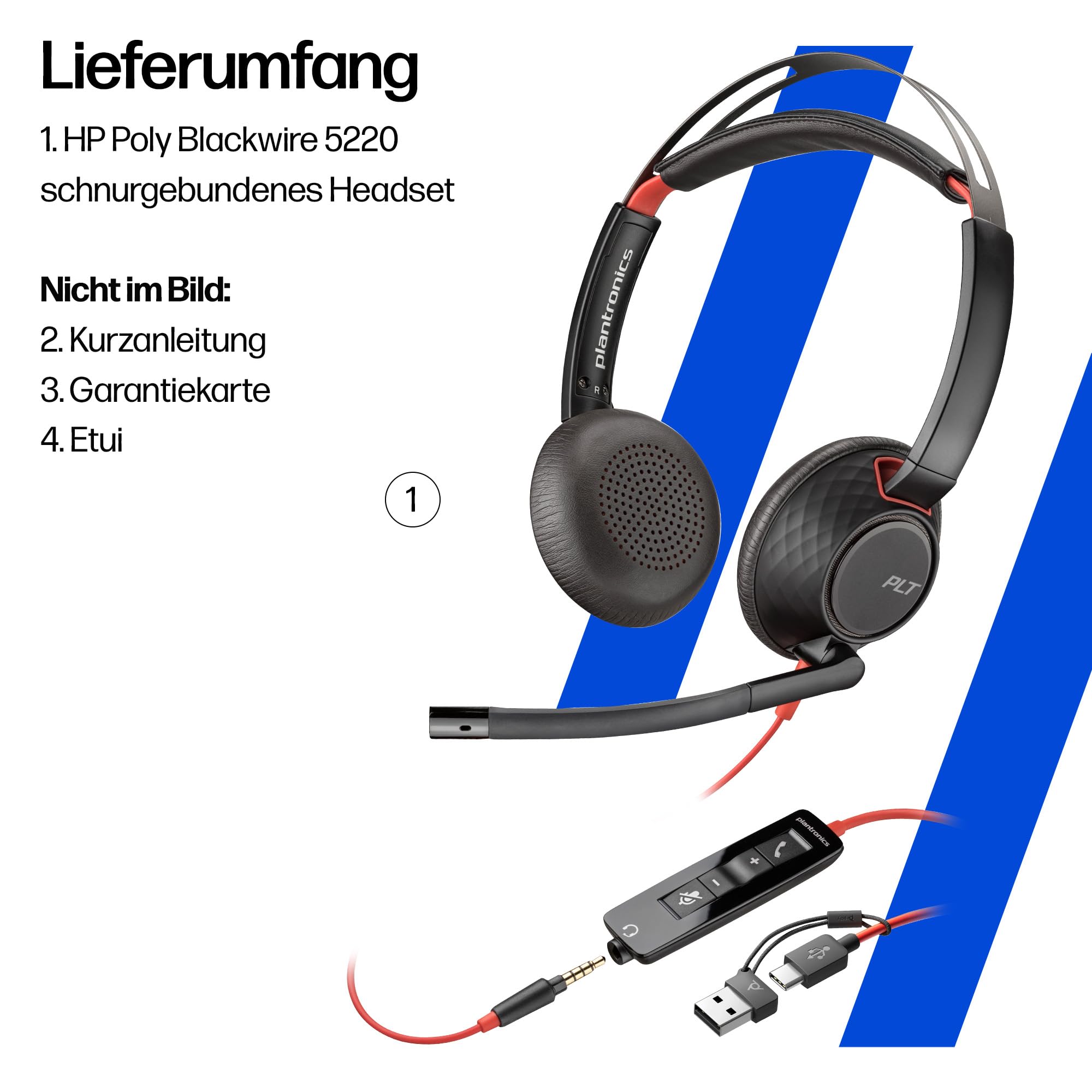 Poly Blackwire 5220 schnurgebundenes Headset, Flexibler Mikrofonarm mit Noise Cancelling, Ergonomisches Design, Verbindung mit PC/Mobilgeräten über USB-C, USB-A oder 3,5 mm, Teams/Zoom kompatibel
