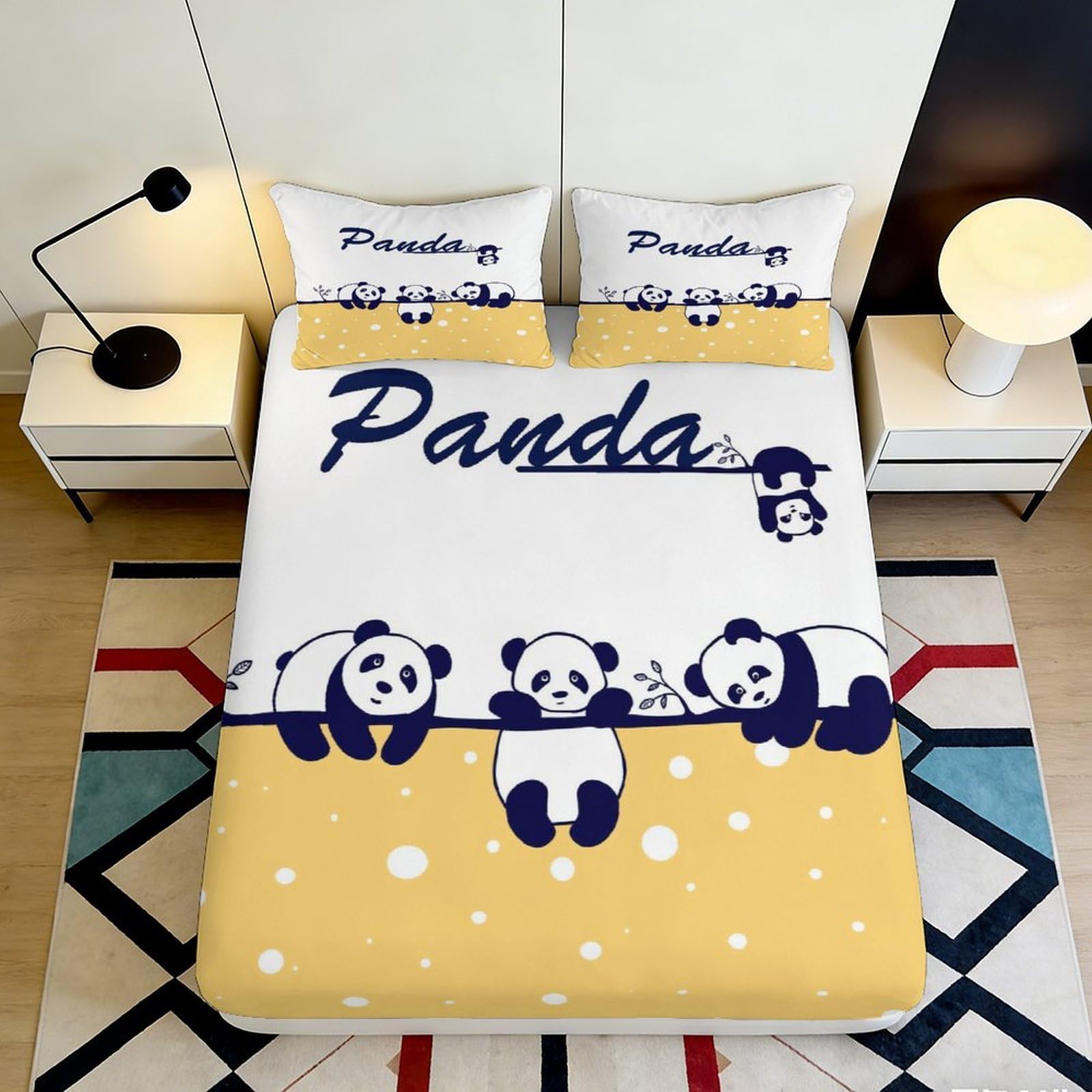 3D Printed Cartoon Panda Fitted Sheet Microfiber Yellow Decorative Animal Mattress Cover for Bedroom Dorm Room 90x200x25cm