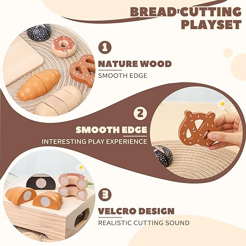 Miniatura 4 de Juego de comida de madera para juegos de panadería, juego de comida para niños, juego de madera para cortar alimentos, juego de pan, regalo de