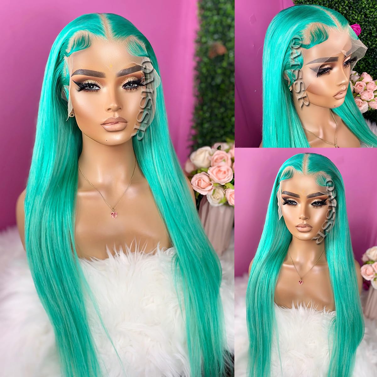 QMSSR Long Straight Lace Front Wig Blue Color Synthetic Lace Front Wigs for Fashion Women Greenish Blue Lace Front Wigs Pre Plucked Hairline