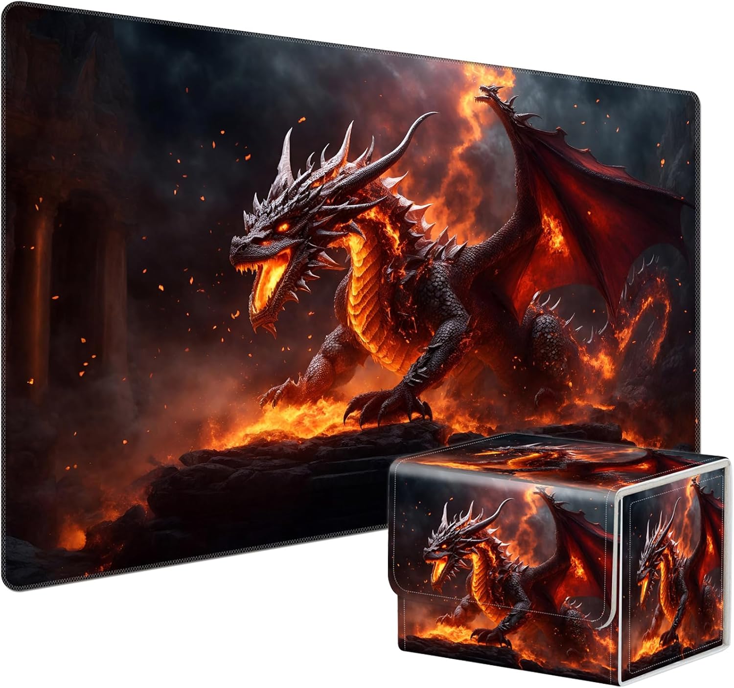 for MTG Playmat with Card Game Storage Box, Creative Pattern for MTG Card Box for TCG Playmat for Trading Card Game, The Fire Dragon On The Rock
