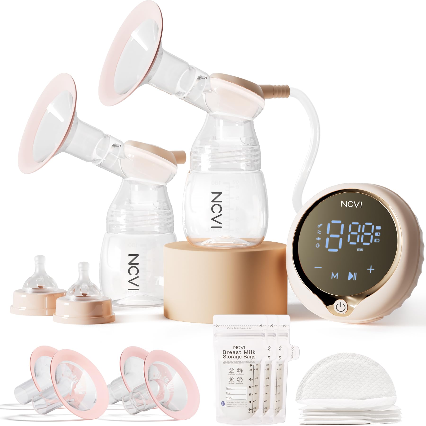 NCVI8100 Double Electric Breast Pump with 24/28mm Silicone Flanges Suitable for Large Nipples, Anti-Backflow Milk Breastfeeding Pump with 4 Modes|9 Levels, Handheld Motor and LED Display, Ultra-Quiet