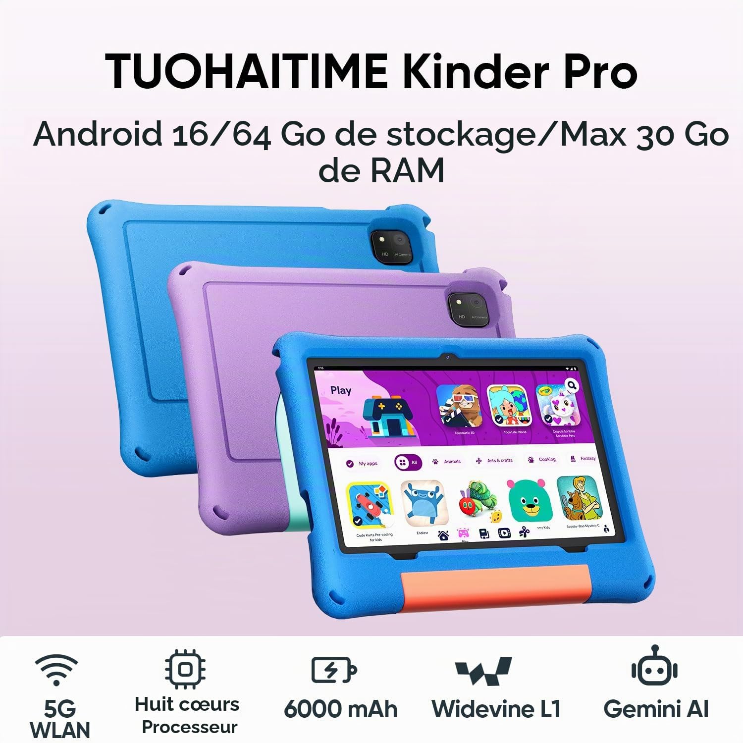 TUOHAITIME Tablette pour Enfants 10,1 Pouces sous Android 16 avec 30 Go RAM + 64 Go ROM, Extensible jusqu'à 2 to,contrôle Parental,GPS,Face ID,Wi-FI 6,processeur Octa-Core, avec étui Eva (Bleu)