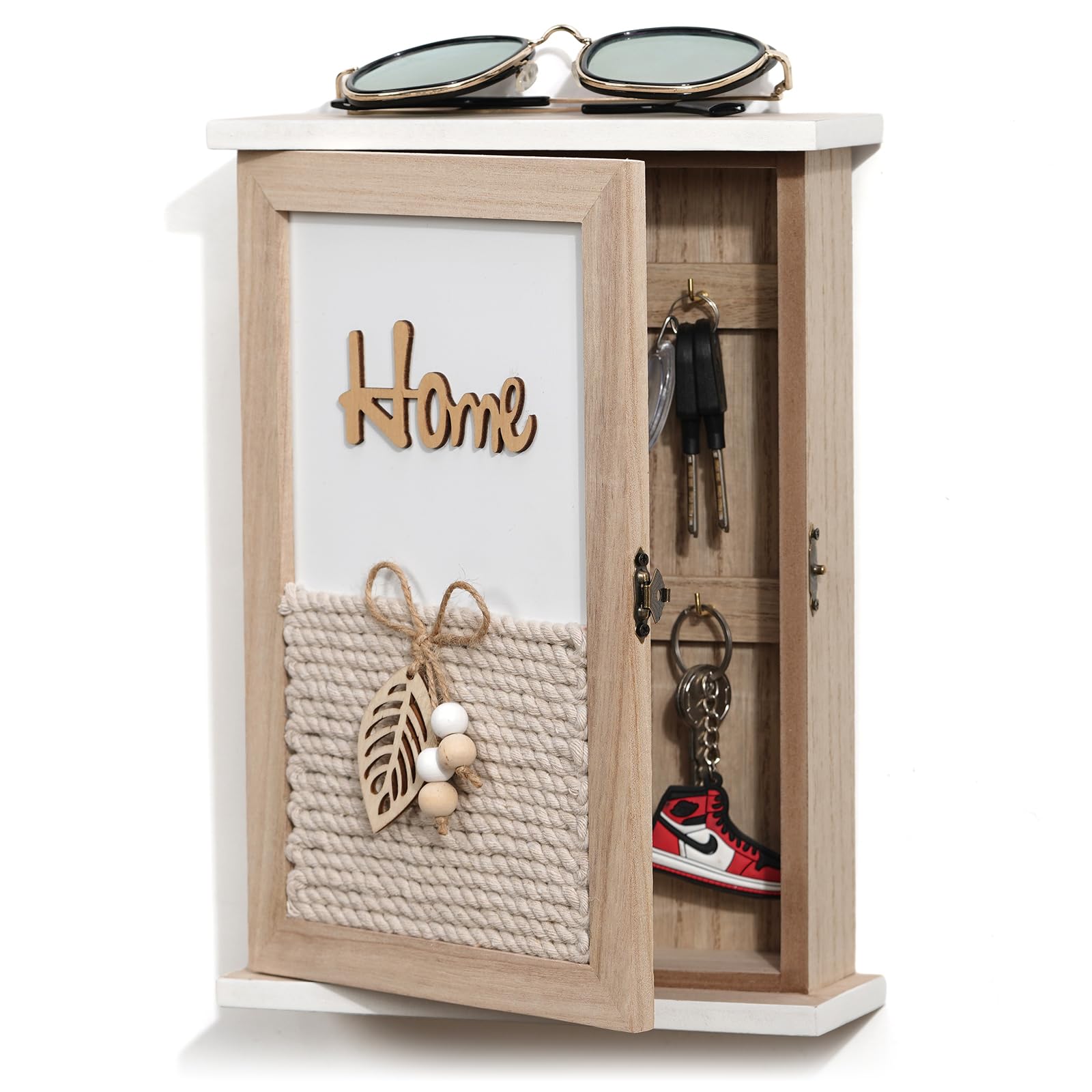 Schlüsselkasten Holz Schlüsselbox mit Blätter, Holzperlen und Baumwollschnur Schlüsselschrank 6 Schlüsselhaken Schlüsselablage Wandorganizer für Eingang,Flur,Büro Schlüsselhalter L weiß