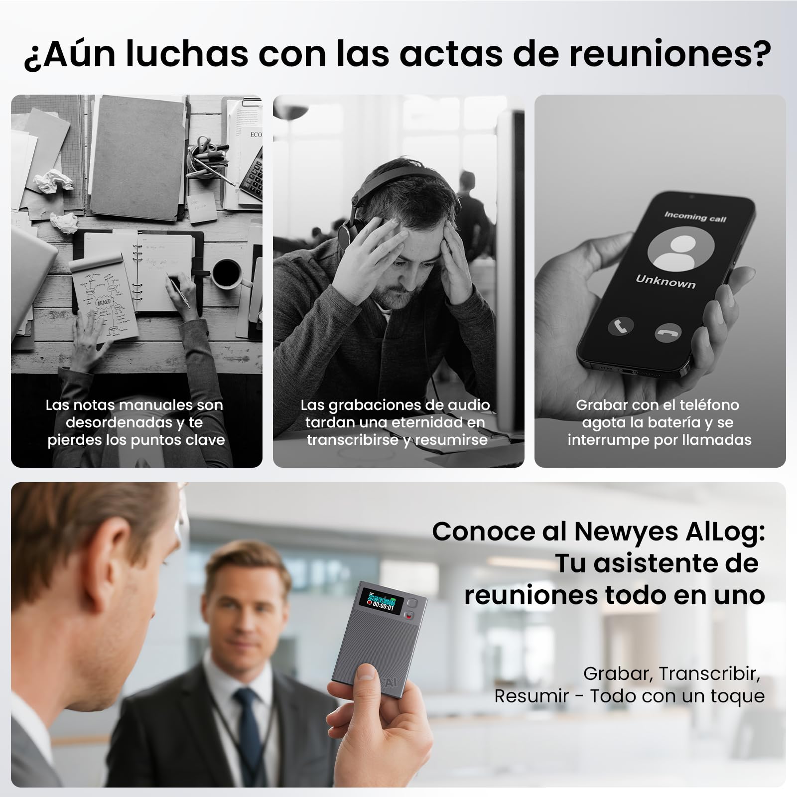 Grabadora de voz NEWYES Ailog IA con aplicación dedicada,transcripción y resumen,traducción a más de 188 idiomas, 64 GB de memoria para reuniones,conferencias, llamadas,negocios y clases