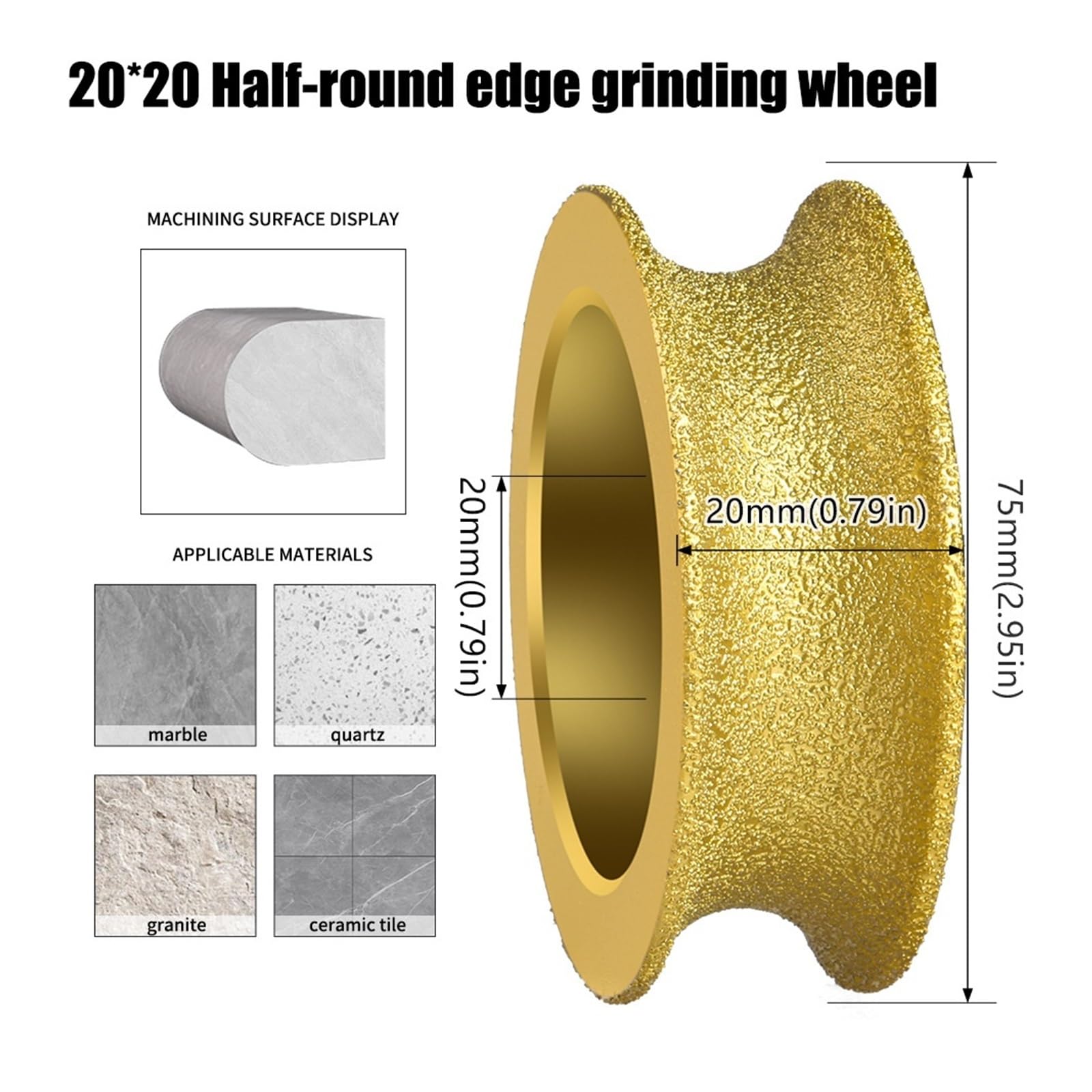 Schleifscheibe für Kantenprofile 1 STÜCK Gelötete Steinkantenschleifscheibe Diamant Römisches Rad Schleifscheibe Fliesen Marmor Nuten und Kantenschleifwerkzeuge(Circular Edge 20mm)