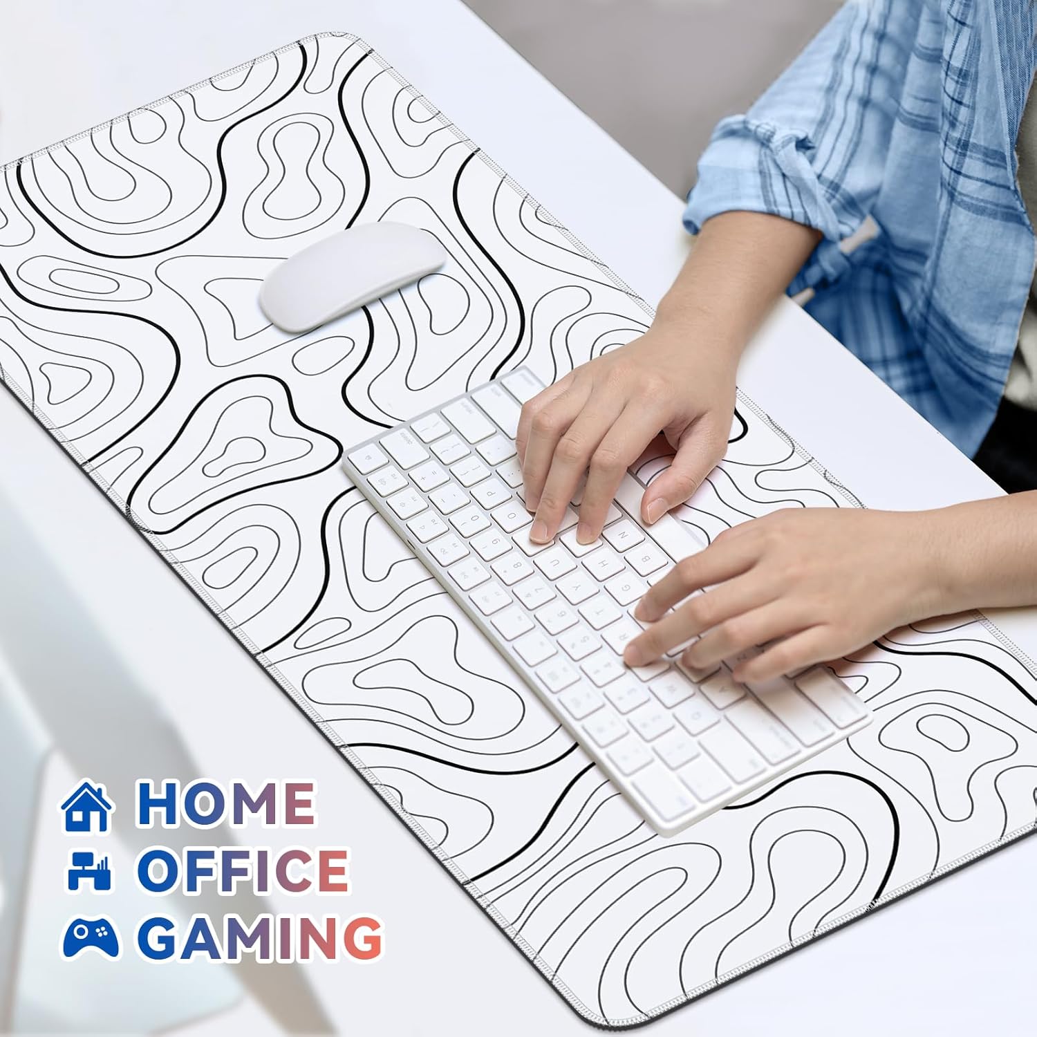 Gaming Mouse Pad Big Mousepad with Non-Slip Rubber Base, 31.5 x 11.8 in XL Large Desk Mat for Gaming Home Office, Long Keyboard Pad Mouse Mat for Computer with Stitched Edges, White Topographic - Image 6