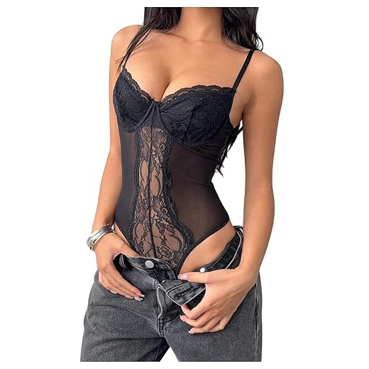 Milumia Women's Floral Lace Bodysuit Sheer Mesh Corset Body Suit Tops Party Club