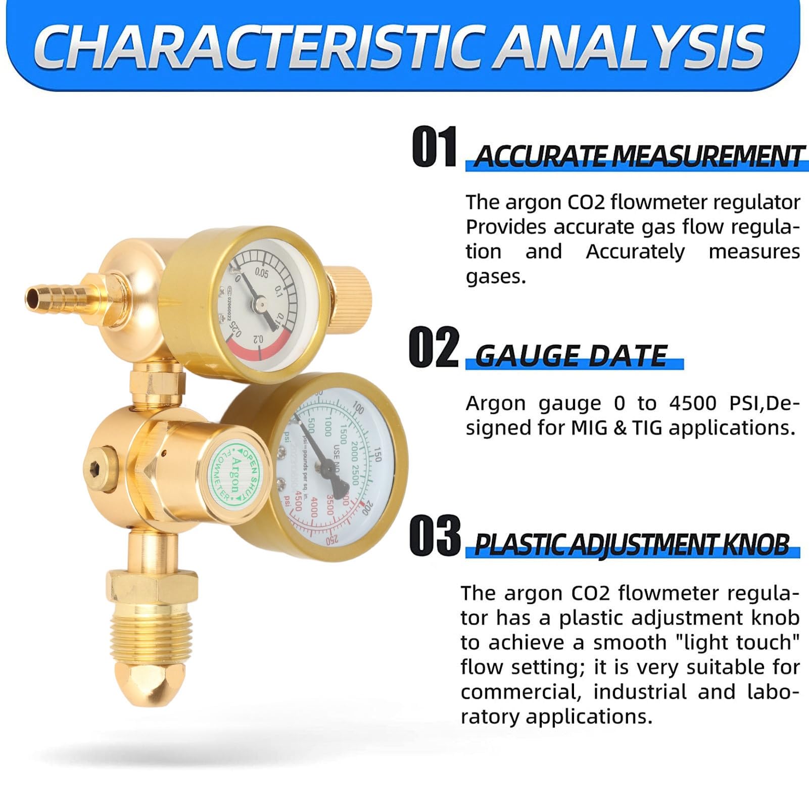 Regulator gazu spawalniczego | Przepływomierz argonowy CO2 do spawania MIG/TIG | Urządzenie pomiarowe 0-4500 PSI z wlotem gwintu męskiego G5/20.3 cm i wylotem 1/10.2 cm | Stałe ciśnienie wydajności