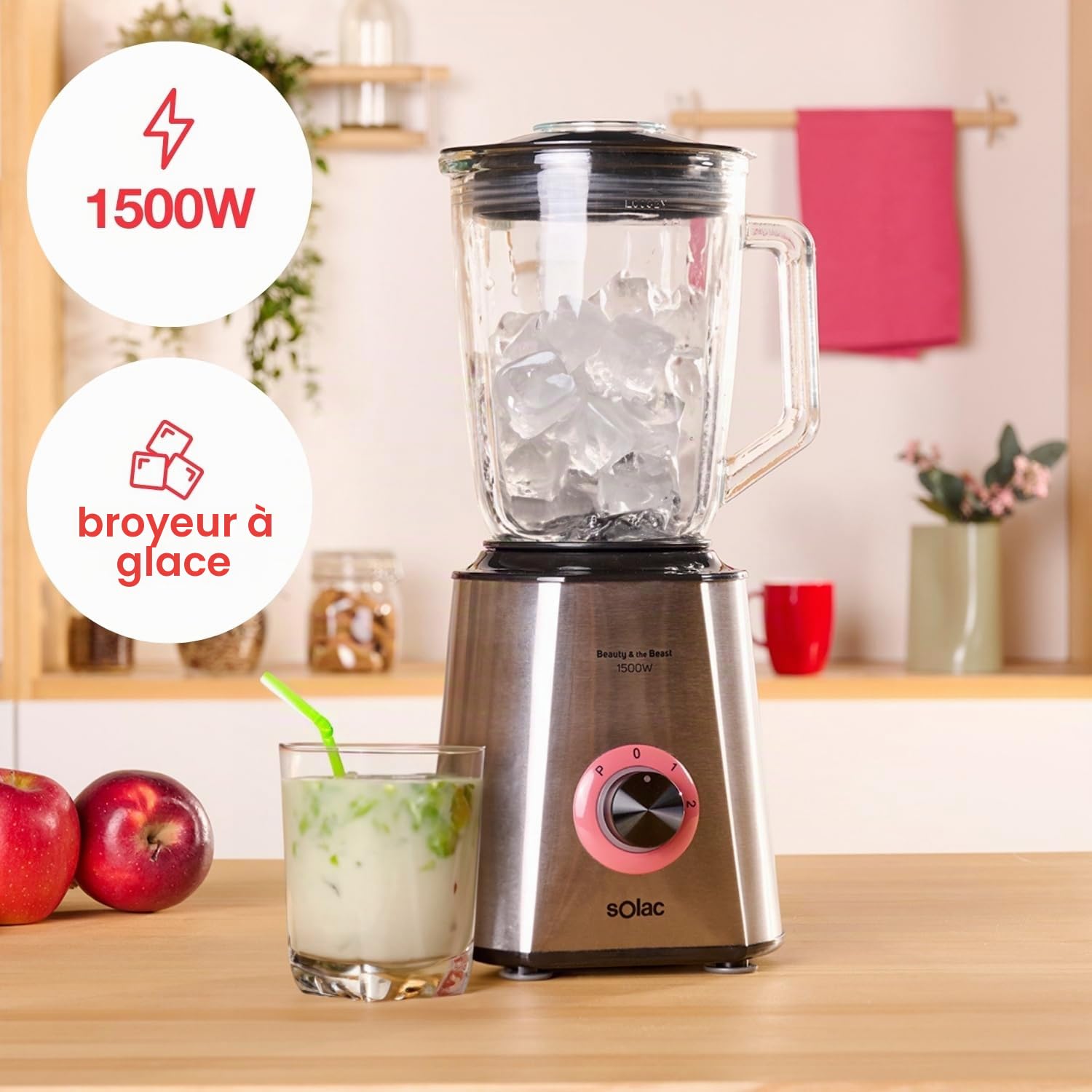 Solac - Mélangeur Beauty&Beast ! 1500W | Pichet en verre gradué 1,5L | 2 vitesses + TURBO | Robot culinaire professionnel avec lames INOX à 6 feuilles | Glace pilée