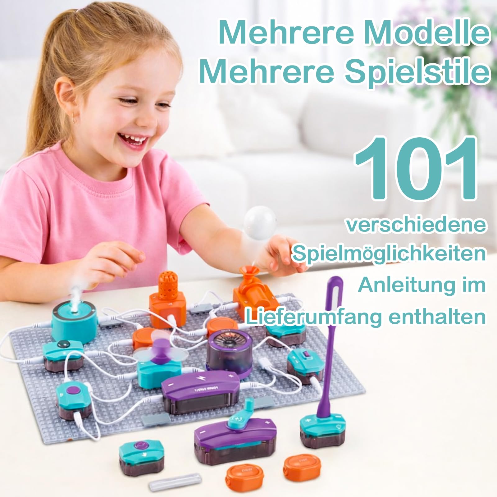 Elektronik Baukasten für Kinder STEM Physik Experimentierkasten mit Lichtsensor & Mikrofon Lernset mit Grundplatte Kreatives Wissenschaftsspielzeug für Jungen & Mädchen Ohne Batteri (45 PCS)