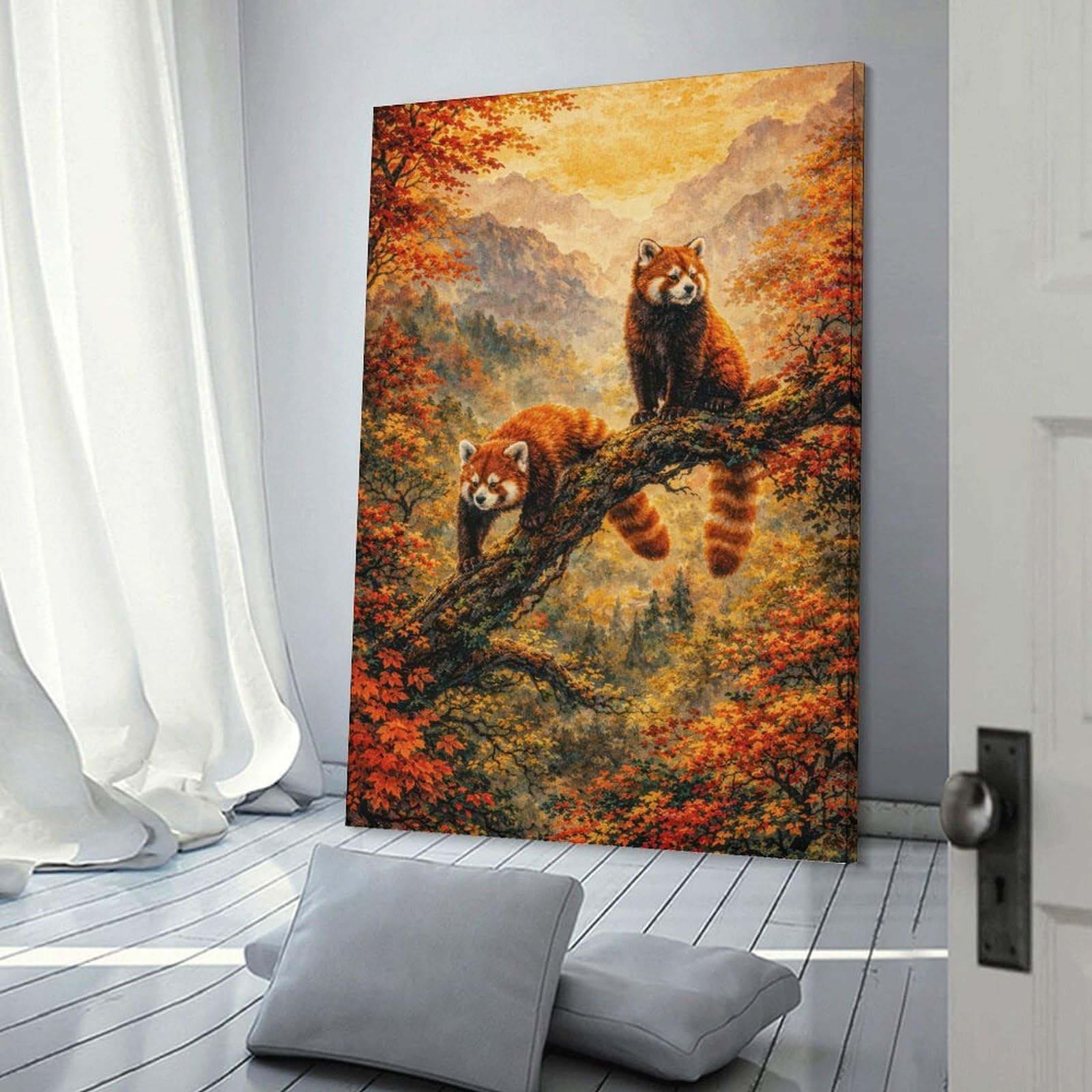 Junmoney Red Pandas in Autumn Forest Hanging Wall Art 20x30inch(50x75cm), for Front Hall, Corridor Or Welcome Spaces, Wall Decor to Refresh Empty Corners