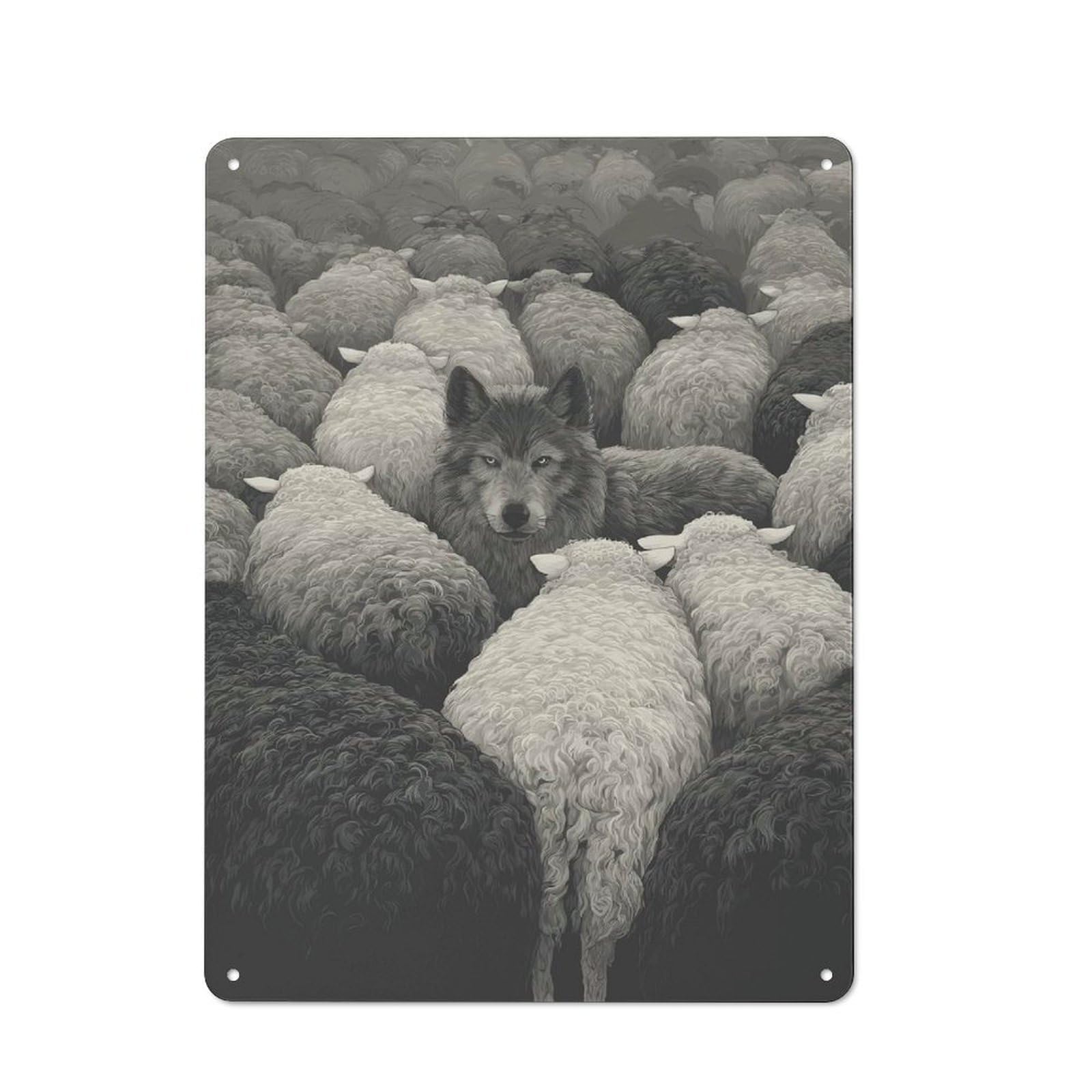 Junmoney Style-9 Metal Wall Sign 40X30cm Featuring Wolf Among Sheep For Pub Or Café, Housewarming Wall Decor For People Furnishing Pub And Café