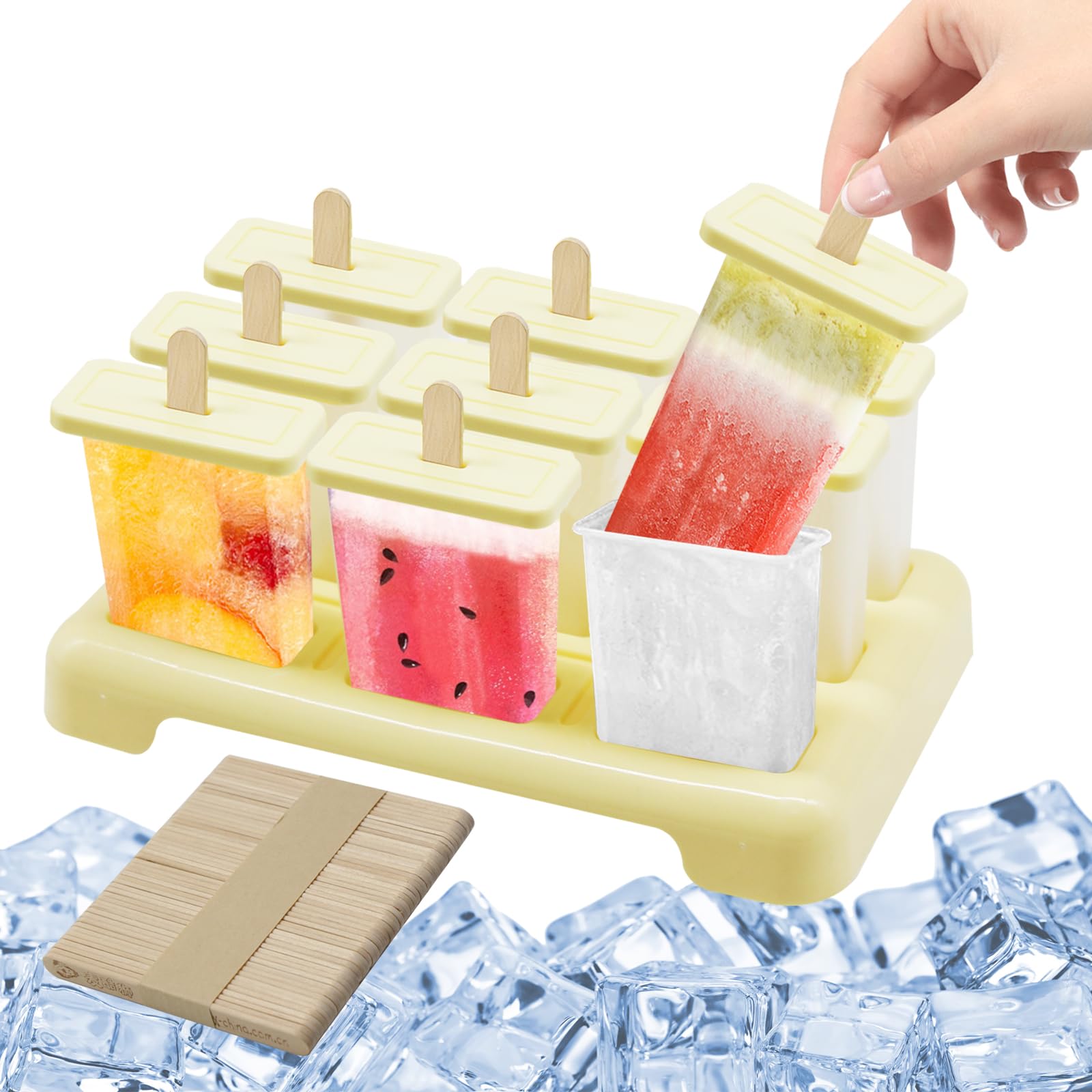 Stampi Per Ghiaccioli, Formine Ghiaccioli, 9 pezzi Stampo Ghiaccioli con Spazzola, Stampi per gelato creativi fatti in casa riutilizzabili, facili da sganciare, Beige