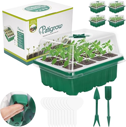 Patigrow Paquete de 5 bandejas de inicio de semillas de silicona flexible de 60 celdas, kit de inicio de semillas reutilizable con cúpula de