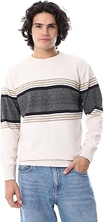 كنزة بولوفر من أندورا برقبة مستديرة للرجال، طويل الأكمام مع تصميم مخطط