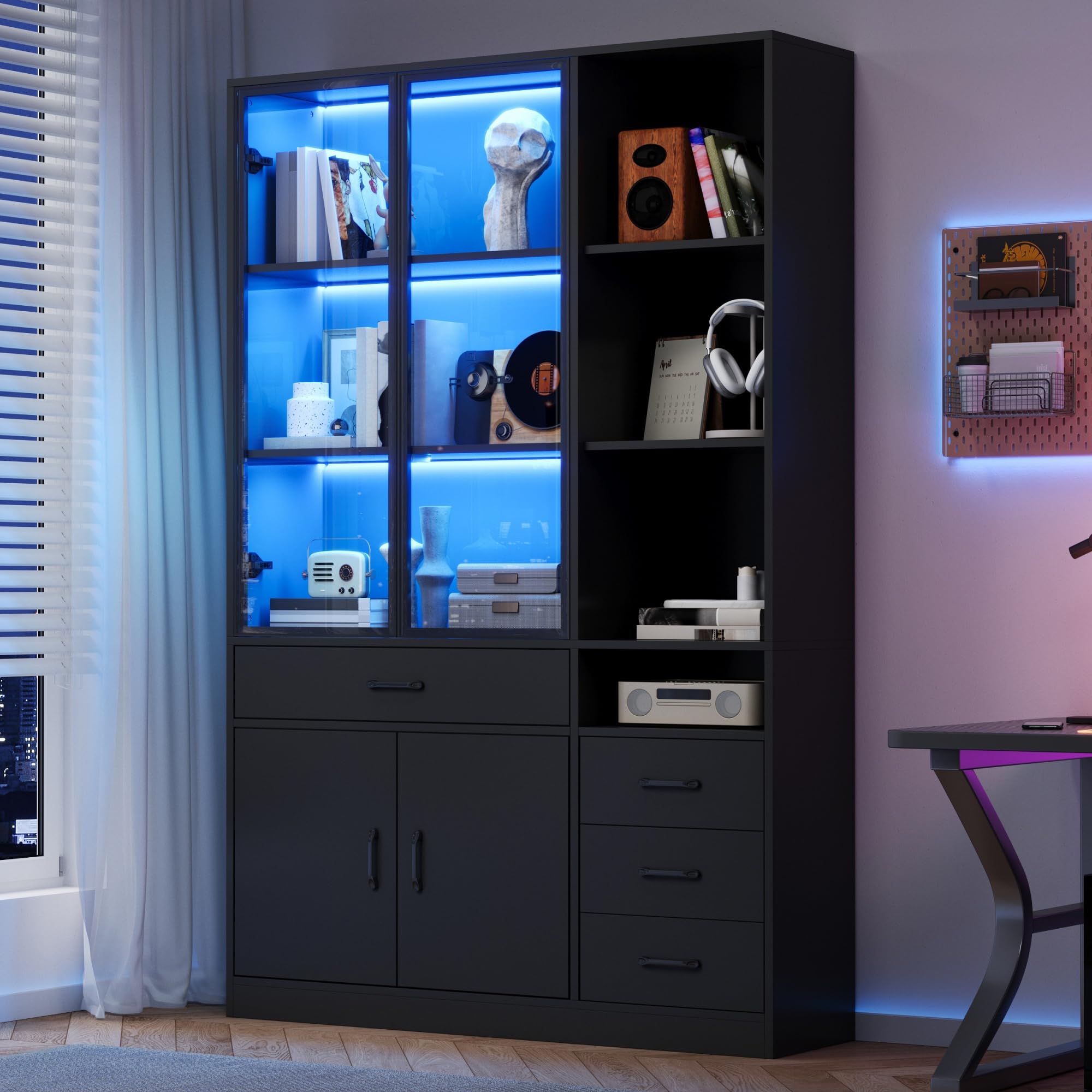 Kebnor Hochschrank mit Glasvitrine&LED,Bücherschrank mit13 Stauraumbereichen,4 Schubladen&Türen Vitrinen, Aufbewahrungsschränke,Schränke,Geeignet für Esszimmer und Wohnzimmer(120x35x200cm（Schwarz）)