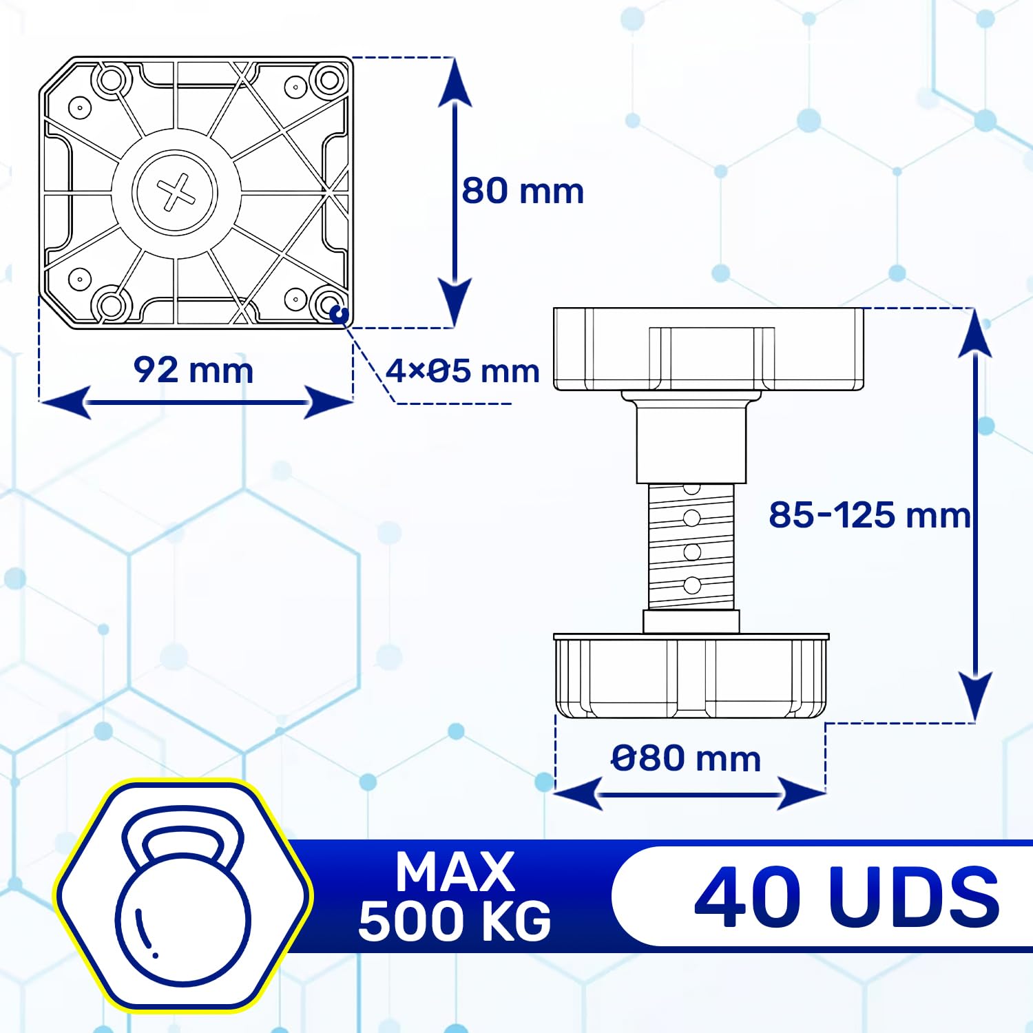 40x Patas para Muebles Regulables 85-125 mm Plataforma Montaje 92x80 mm
