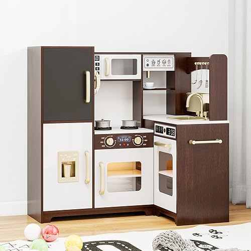 Miniatura 1 de Juego de cocina para niños con luces y sonidos, cocina de esquina de madera con fregadero, horno, máquina de hielo y accesorios de juego de