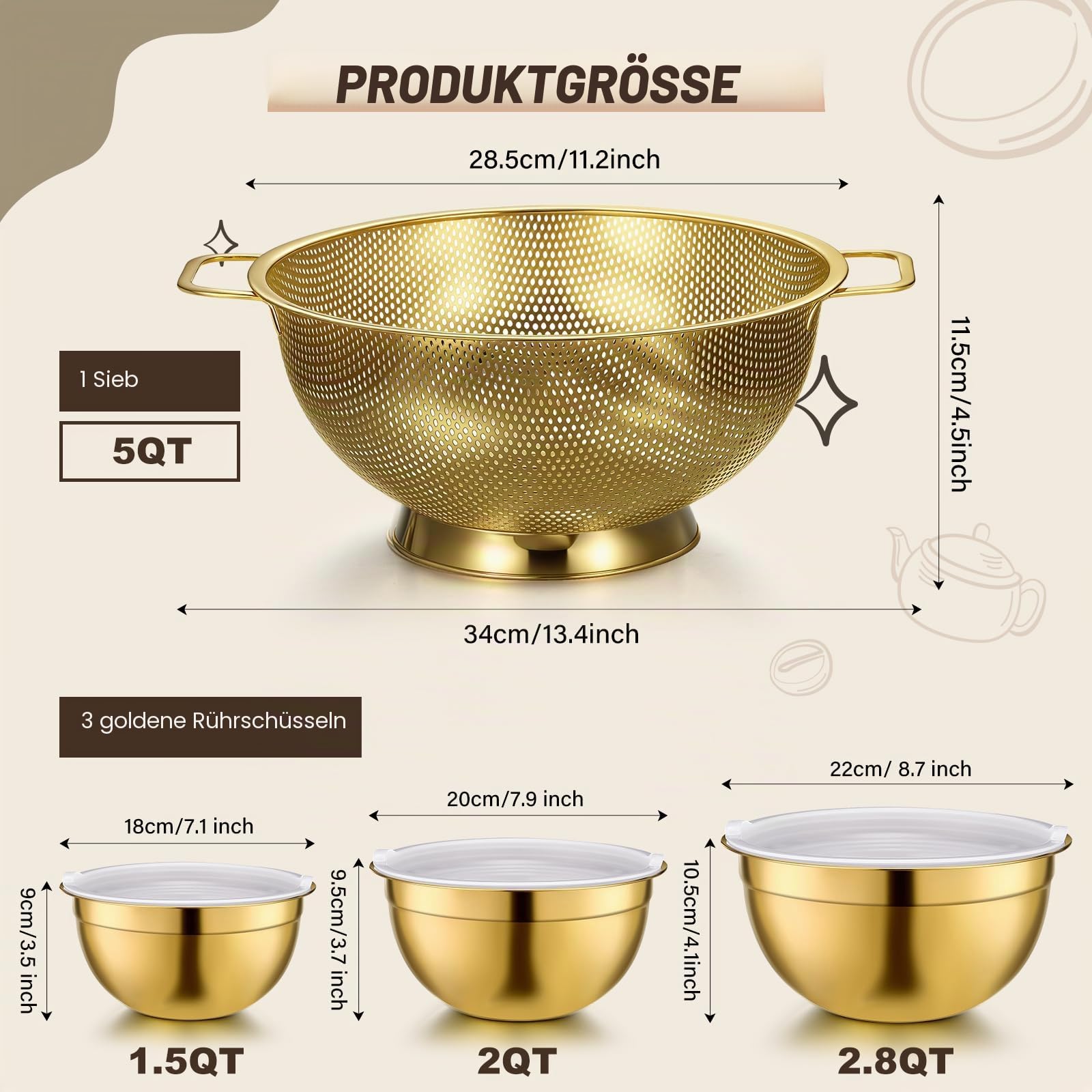 Baderke 7-teiliges goldenes Küchenzubehör beinhaltet Edelstahlsieb mit Griffen, 3 goldene Rührschüsseln mit luftdichten Deckeln und 3 feinmaschigen Sieben (Sieb: 5 Qt, Rührschüsseln: 1,5/2/3 Qt)