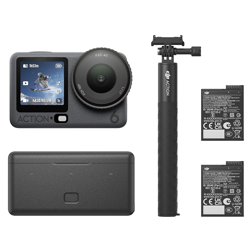 DJI Osmo Action 6 Combo Potenziato, action cam con sensore quadrato da 1/1,1″, apertura variabile da f/2,0 a f/4,0, autonomia estesa con 2 batterie, fotocamera 4K ideale per riprese outdoor prolungate