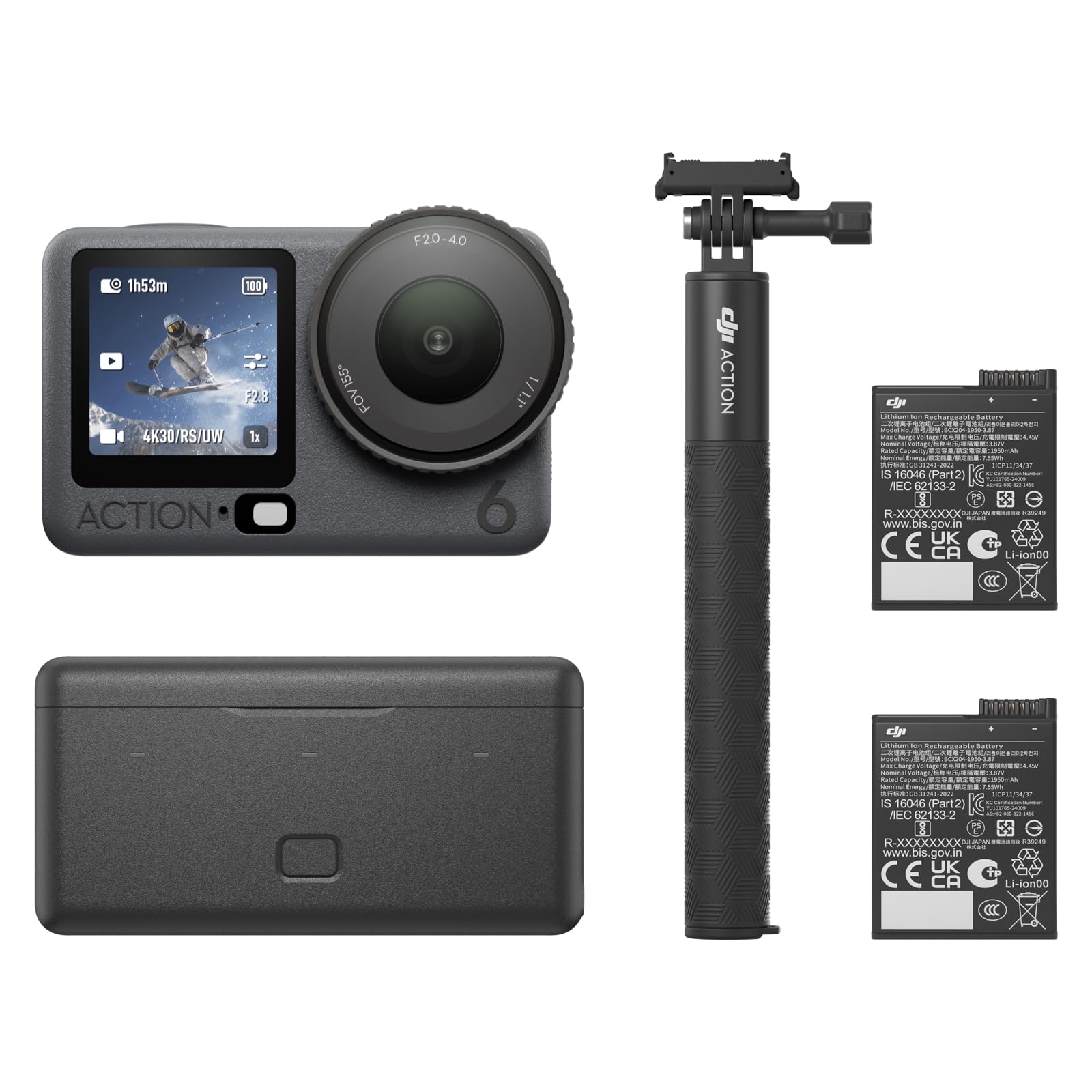 DJI Osmo Action 6 Combo Potenziato, action cam con sensore quadrato da 1/1,1″, apertura variabile da f/2,0 a f/4,0, autonomia estesa con 2 batterie, fotocamera 8K ideale per riprese outdoor prolungate