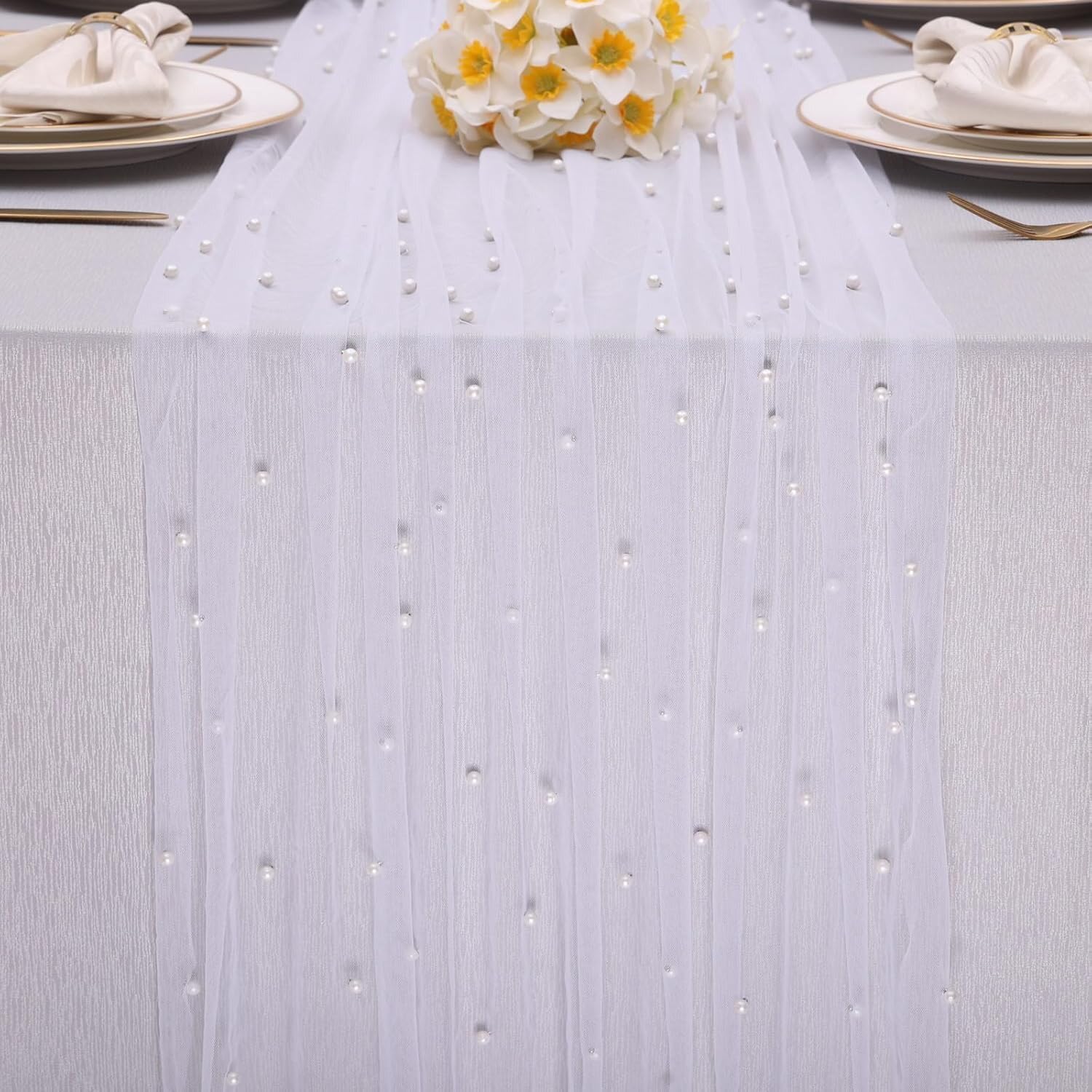 Kesfey 10FT White Pearl Gauze Table Runner 120Inch Long Boho Cheesecloth Sheer Spring Table Runners Summer Tulle Wedding Lace Table Runner for Weddings Baby Bridal Shower Table Decor