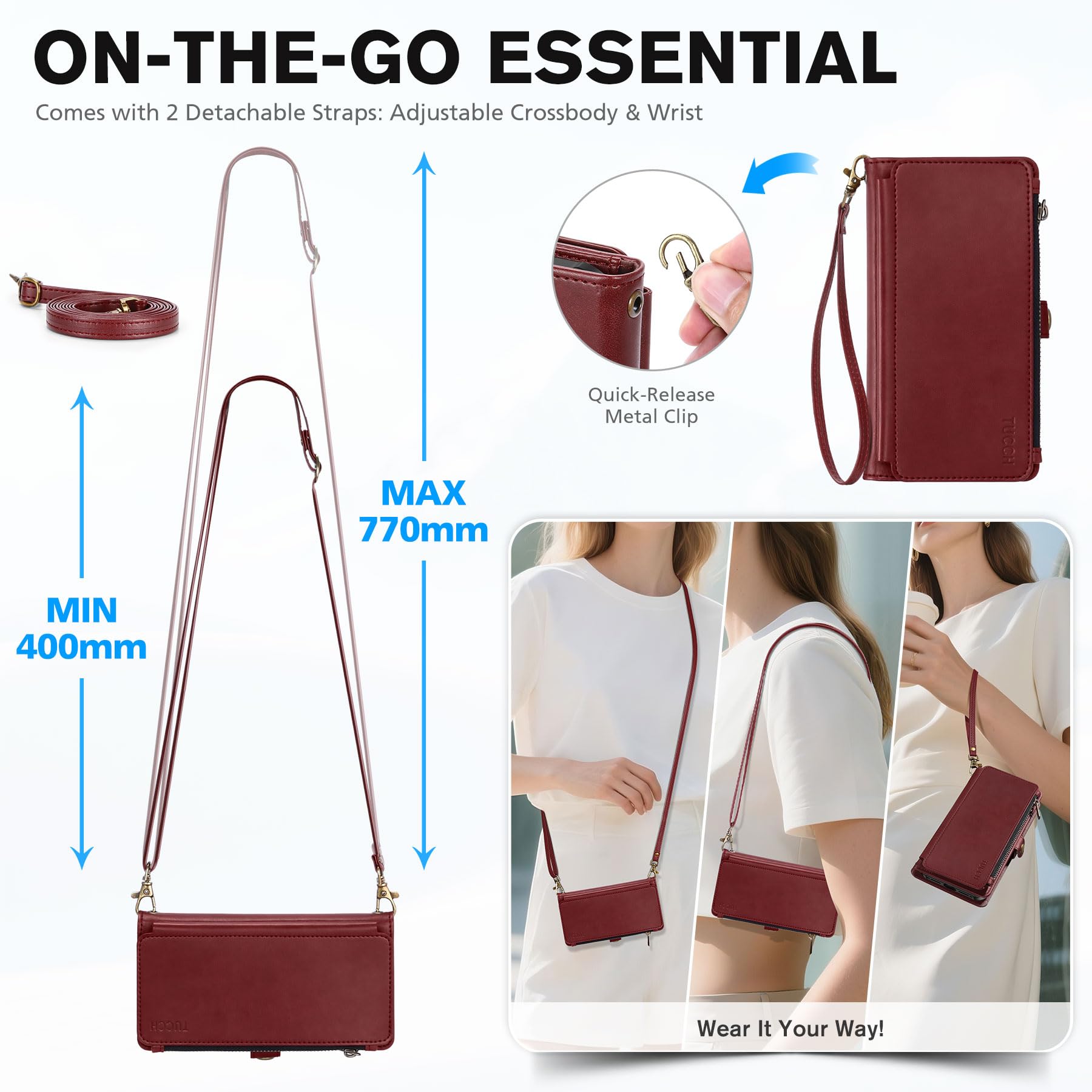 TUCCH Crossbody Detachable Wallet Case For IPhone 17 Pro (6.3") 2025, RFID Blocking 9 Card Slots | Wireless Charging | Wrist Strap | Lanyard | Zipper Pocket | PU Leather | Shockproof - View #5