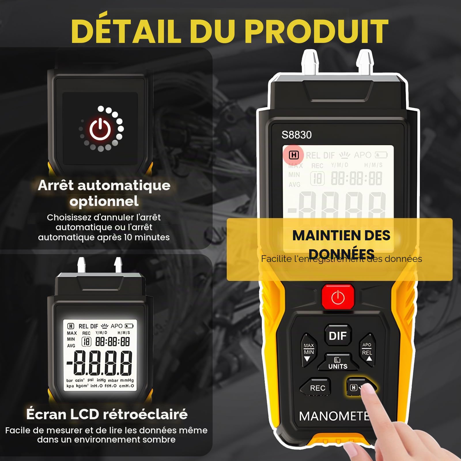 Manomètre Testeur de Pression de gaz ± 36,80 KPa d'air 12 unités sélectionnables, jauge de pression différentielle, Manomètre Différentiel HVAC Dual Port avec fonction d'enregistrement de données