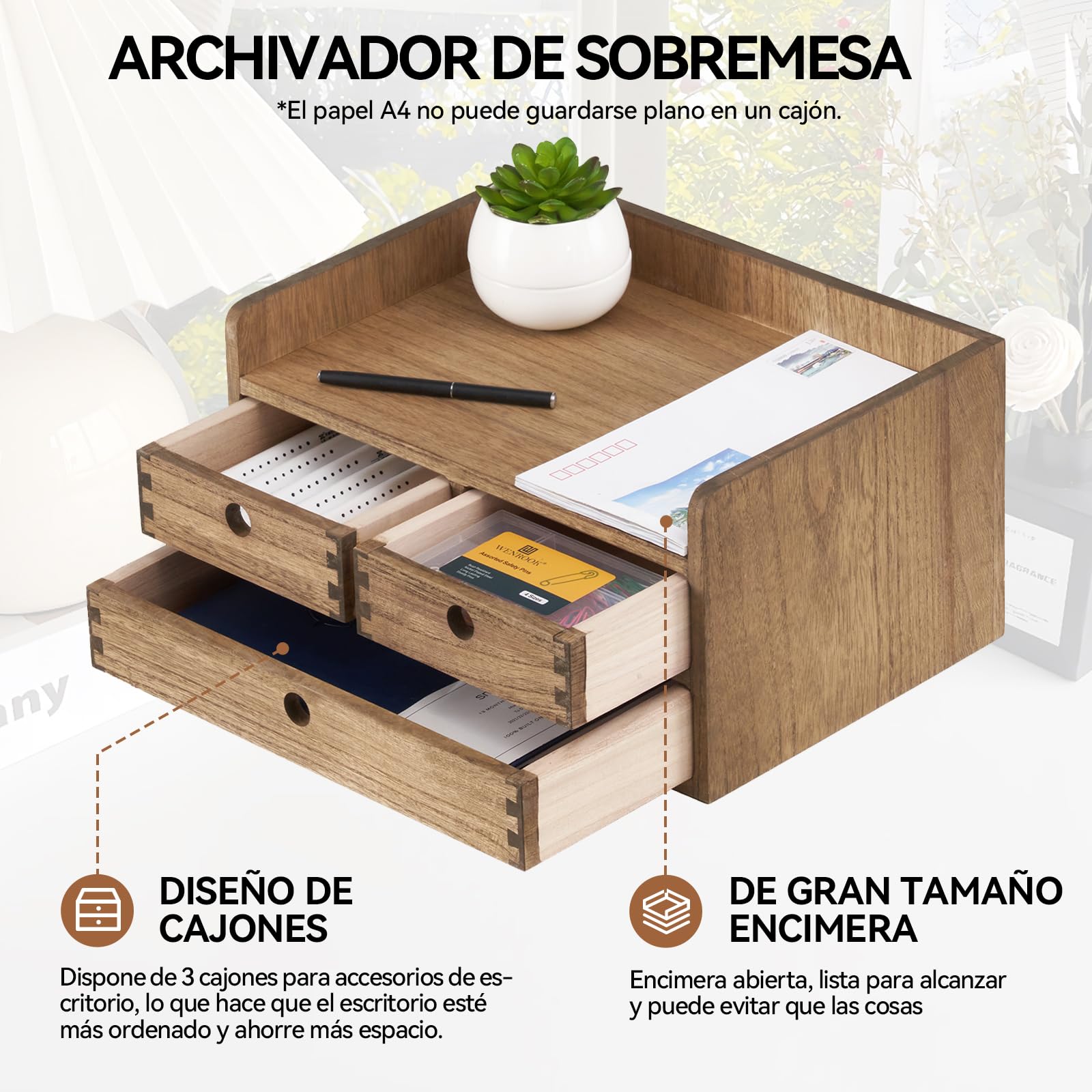 KIRIGEN Cajonera de Madera, Organizador de Escritorio A4, Marrón