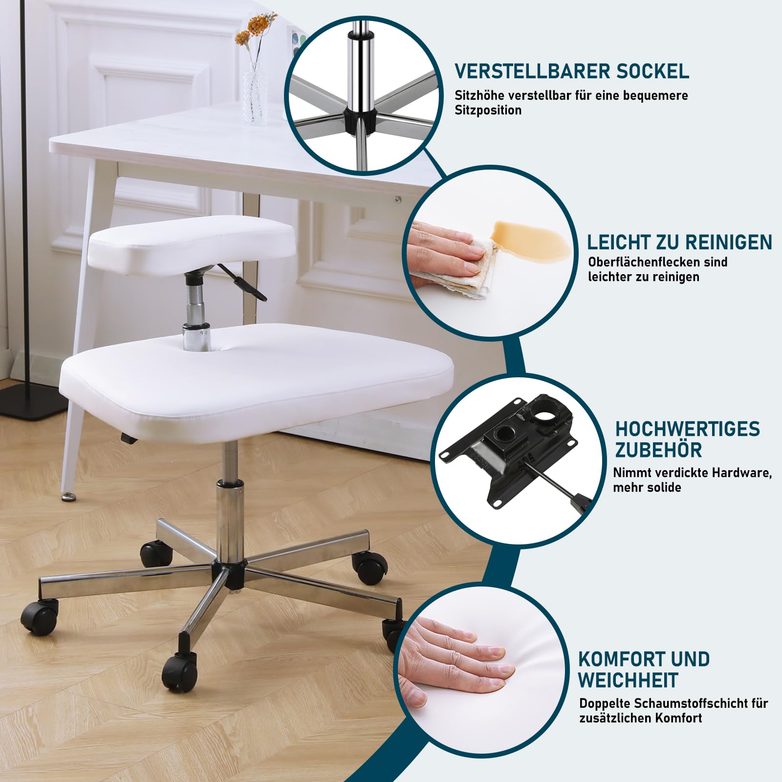 Ergonomischer kniestuhl für Büro oder Zuhause, höhenverstellbarer Schreibtischstuhl aus Leder für Computerarbeiter, Yoga-Enthusiasten, Meditationsfanatiker (weiß)