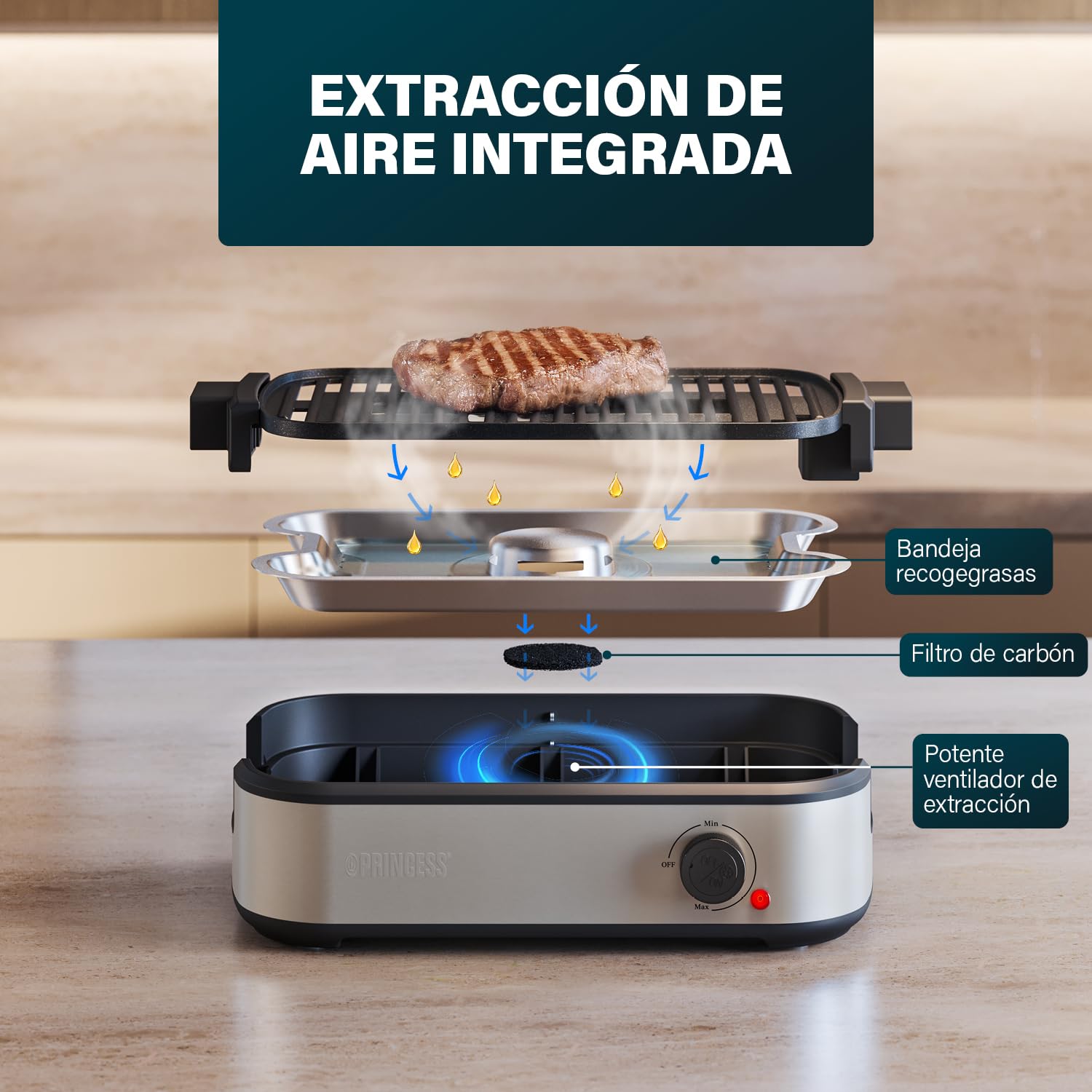 Princess Table Chef Purify Parrilla de Mesa, Barbacoa sin Humo con Sistema de Filtro de Aire, Termostato Regulable, Recubrimiento Ceramico sin PFAS, Superficie de 35 x 21 cm, 103215