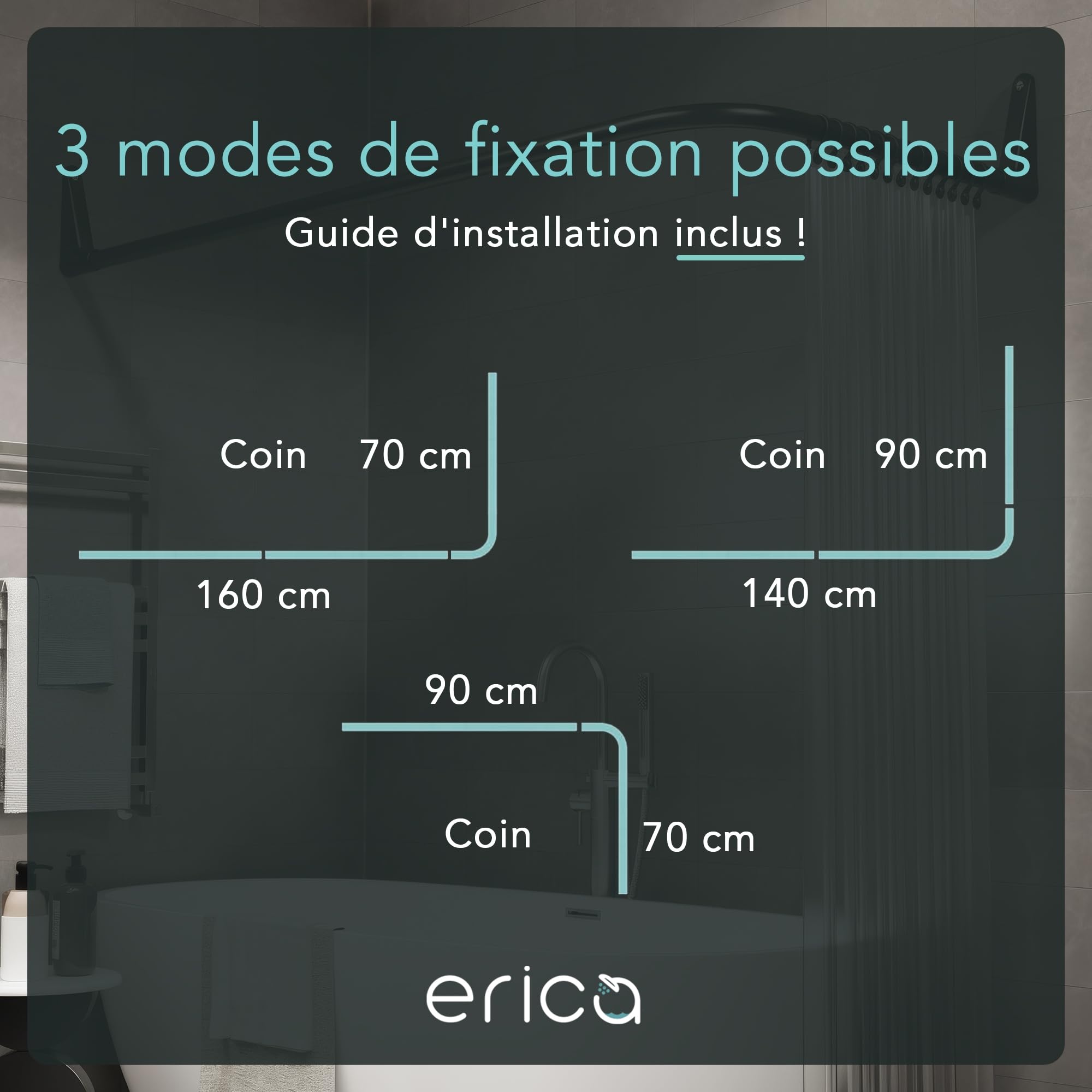 Erica Tringles de Rideau de Douche pour angle. 70x90/70x160cm Fixation pour Coins ou Baignoire, Barre de Rideau de Douche sans Support au Plafond, Revêtement en Poudre, 100% Inoxydable. Noir.