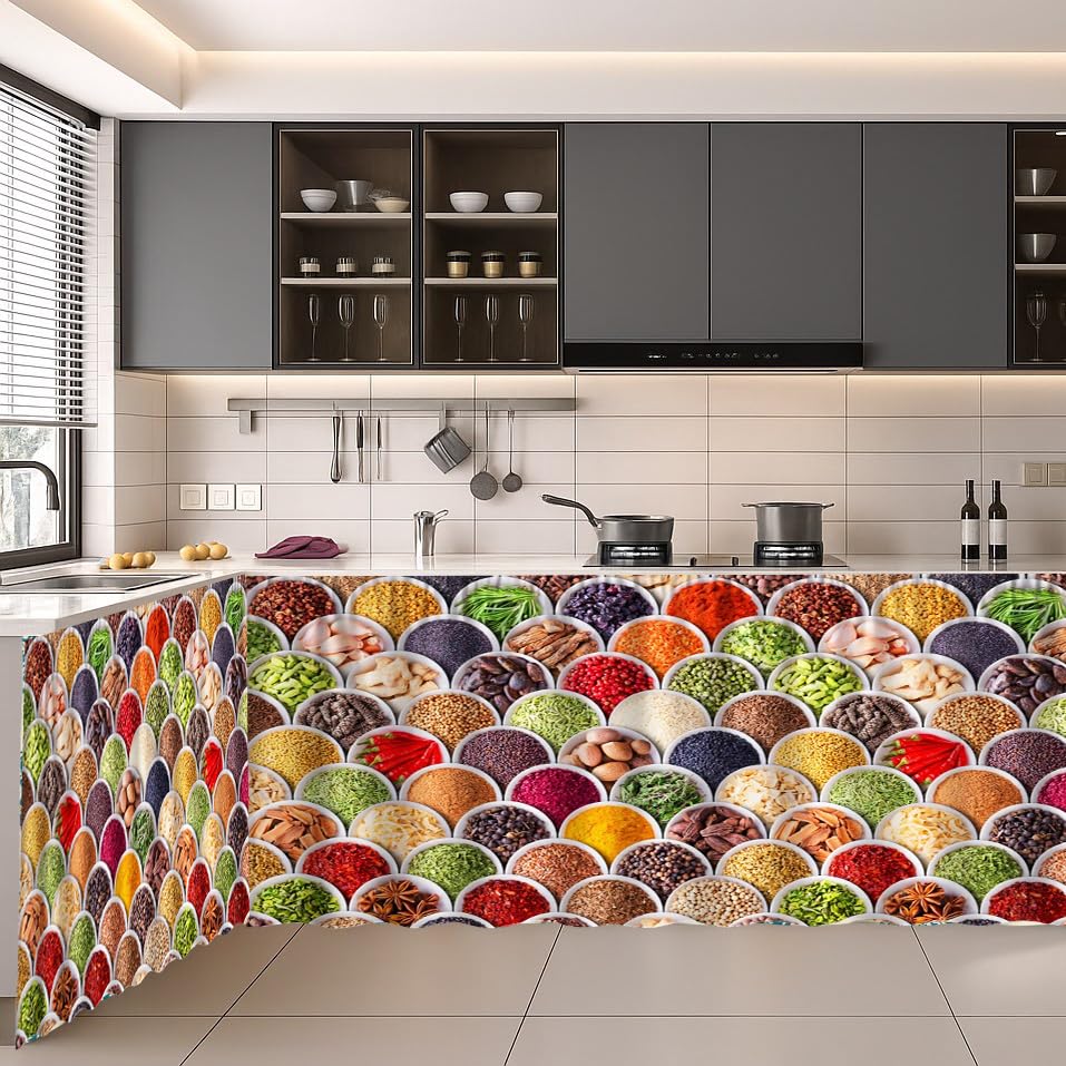 Image of Premium Sink Kitchen Curtain | Waterproof Printed Under Sink Cabinet Curtain for Kitchen Storage & Protection | Stylish Home Decor | (150 x 71 cm) (Masala, Pack of 2)