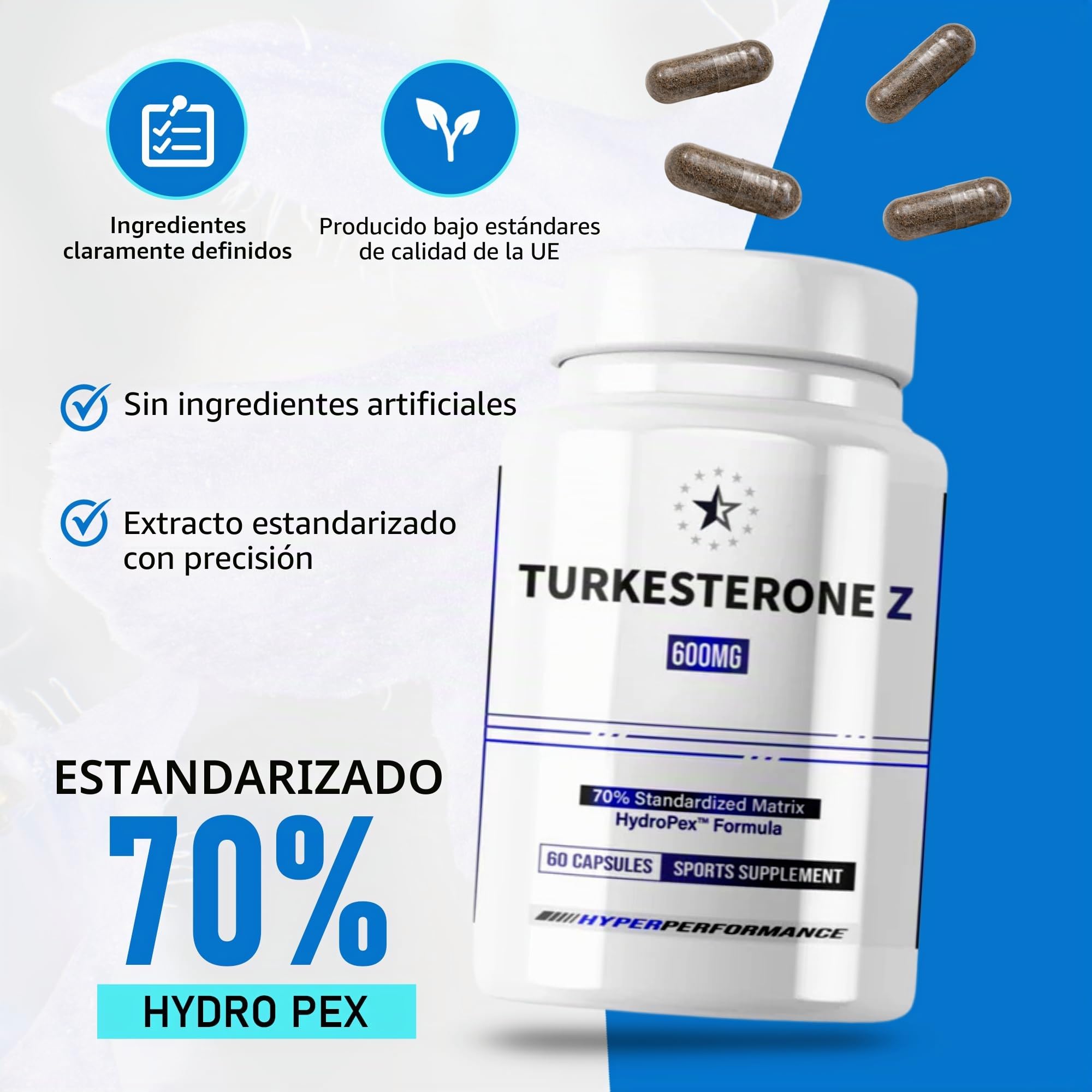 Turkesterone 70% - Supreme con HydroPex - 60 cápsulas veganas (600mg/capsula) - turkesrerona de alta concentracion - extracto de ajuga turkestanica- marca europea Apex