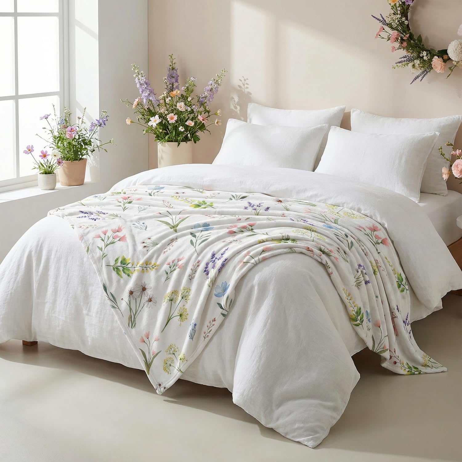 Horaldaily Spring Summer Flannel Blanket Throw, Watercolor Wild Flowers Blooming Soft Fuzzy Plush Cozy Fleece Blankets for Couch Sofa Bed Lounging, Ideal Gifts for Kids Adults Self, 50x60 - Image 3