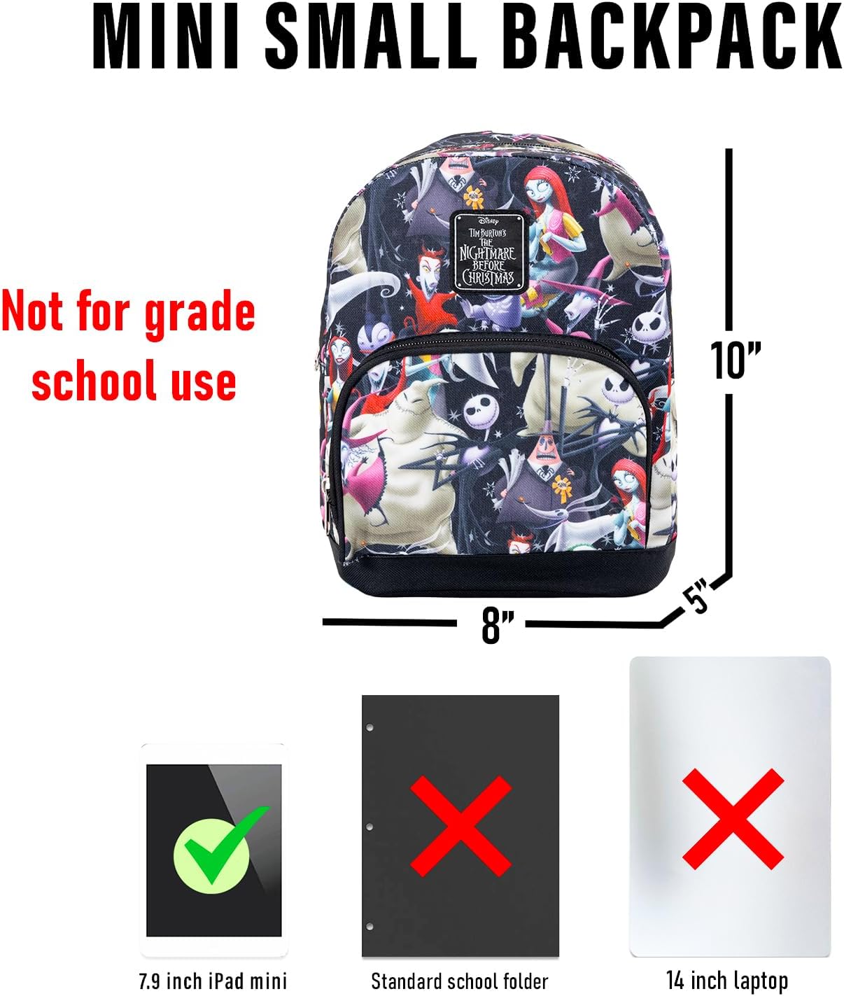 Nightmare Before Christmas Mini Backpack - 10" Iconic Woven Small Backpack with Front Pocket and Stickers Bundle | Adjusts to Fit Kids, Toddlers, Teens, Adults, Boys, Girls