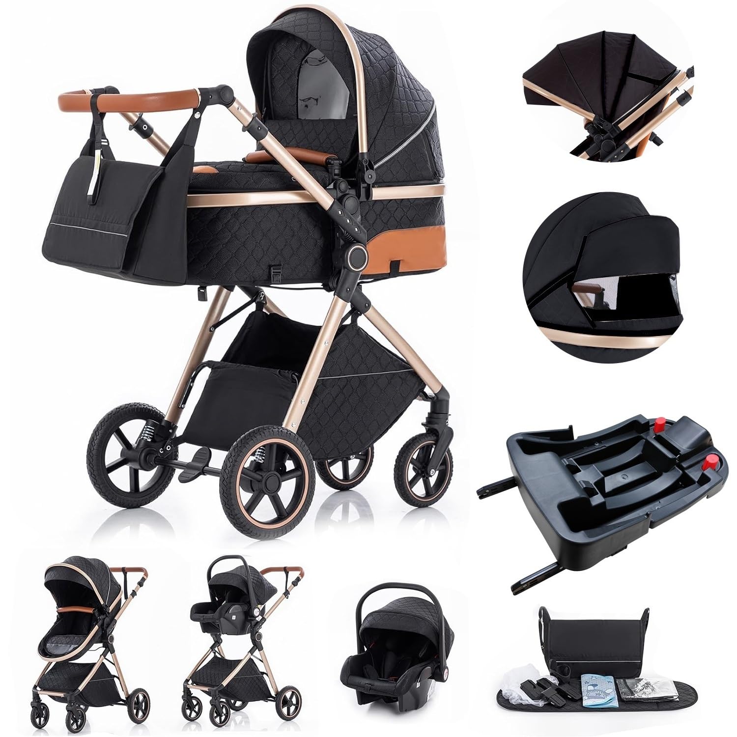 Gcarebb Passeggino 3 in 1, Passeggini Cittadini Con Seggiolino Auto, Passeggino Canna Portatile Pieghevole In Un Click, Passeggini Combinato Paesaggio Alto Telaio in Alluminio