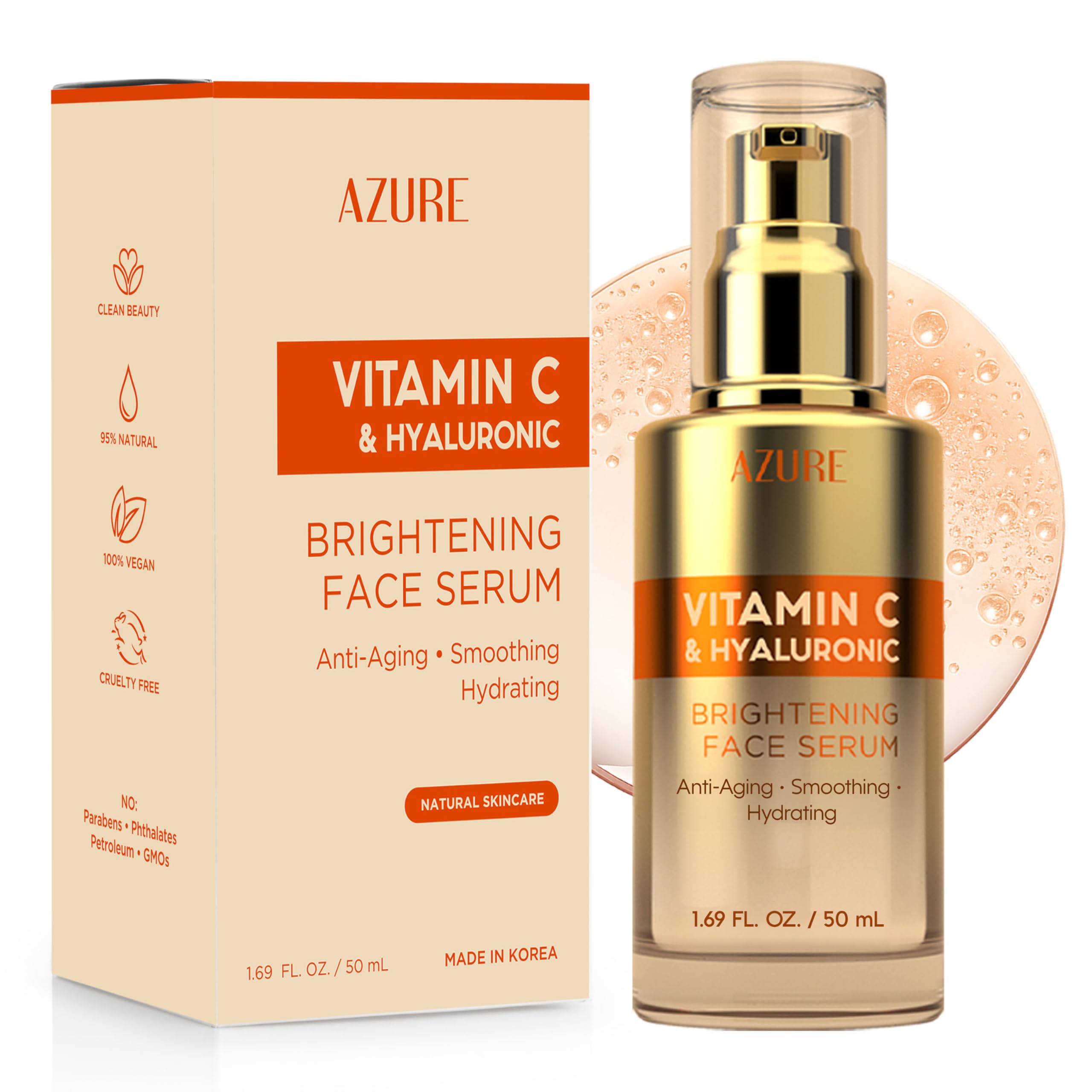 Azure Cosmetics Vitamin C Serum For Face - Dermatologist Tested, Anti-Aging with Hyaluronic Acid for Dark Spots, Fine Lines & Wrinkles - Brightning, Clean Korean Skincare for Glass Skin - 1.69 fl oz