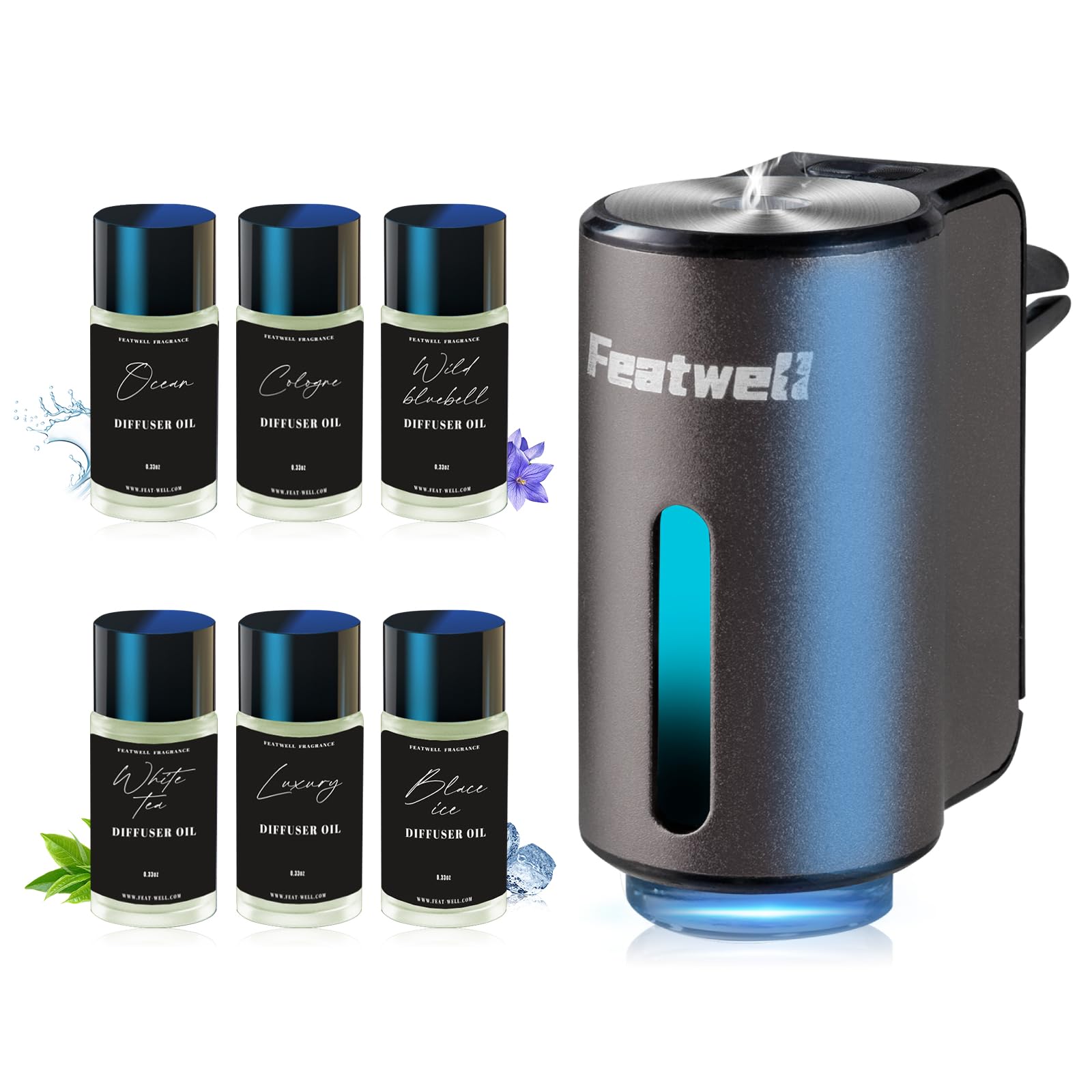 Featwell Car Air Freshener, Three Adjustable Modes Intelligent Aroma Diffuser, Rechargeable Car Diffuser Air Freshener, Grey